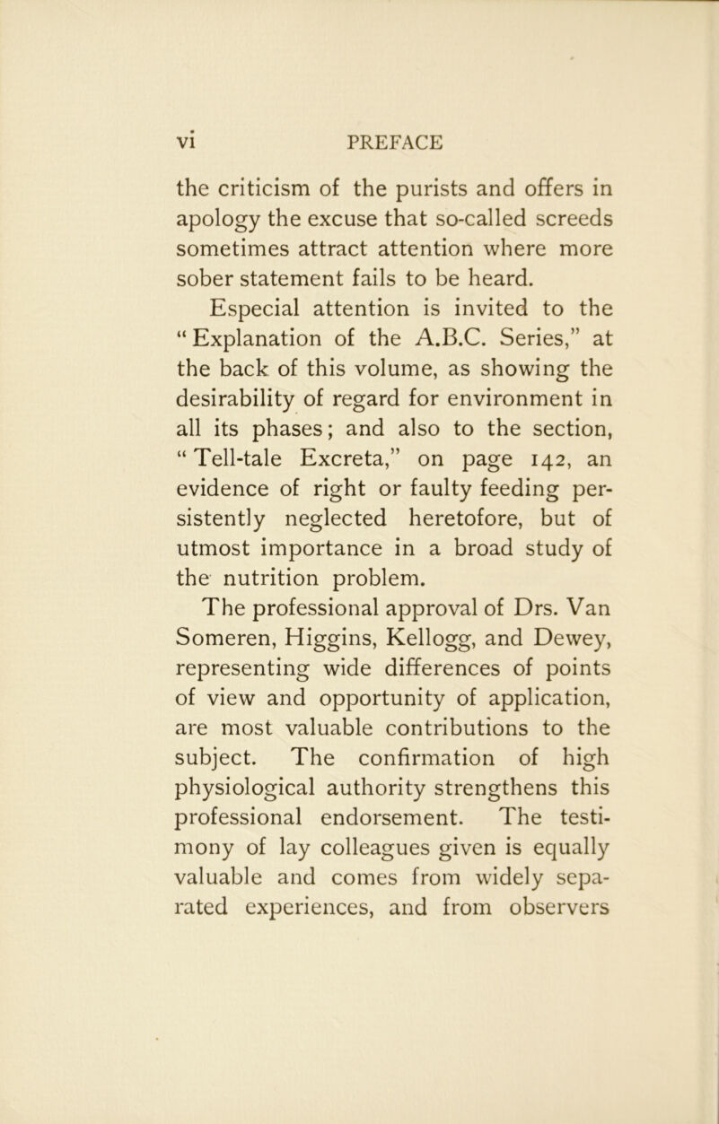 the criticism of the purists and offers in apology the excuse that so-called screeds sometimes attract attention where more sober statement fails to be heard. Especial attention is invited to the “ Explanation of the A.B.C. Series,” at the back of this volume, as showing the desirability of regard for environment in all its phases; and also to the section, “Tell-tale Excreta,” on page 142, an evidence of right or faulty feeding per- sistently neglected heretofore, but of utmost importance in a broad study of the nutrition problem. The professional approval of Drs. Van Someren, Higgins, Kellogg, and Dewey, representing wide differences of points of view and opportunity of application, are most valuable contributions to the subject. The confirmation of high physiological authority strengthens this professional endorsement. The testi- mony of lay colleagues given is equally valuable and comes from widely sepa- rated experiences, and from observers