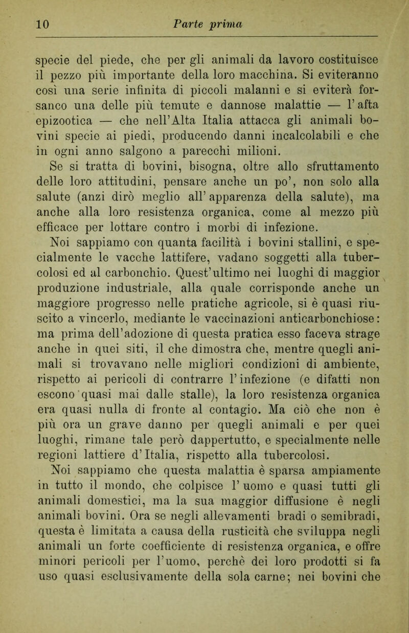 specie del piede, che per gli animali da lavoro costituisce il pezzo più importante della loro macchina. Si eviteranno così ima serie infinita di piccoli malanni e si eviterà for- sanco una delle più temute e dannose malattie — l’afta epizootica — che nell’Alta Italia attacca gli animali bo- vini specie ai piedi, producendo danni incalcolabili e che in ogni anno salgono a parecchi milioni. Se si tratta di bovini, bisogna, oltre allo sfruttamento delle loro attitudini, pensare anche un po’, non solo alla salute (anzi dirò meglio all’ apparenza della salute), ma anche alla loro resistenza organica, come al mezzo più efficace per lottare contro i morbi di infezione. Noi sappiamo con quanta facilità i bovini stallini, e spe- cialmente le vacche lattifere, vadano soggetti alla tuber- colosi ed al carbonchio. Quest’ultimo nei luoghi di maggior produzione industriale, alla quale corrisponde anche un maggiore progresso nelle pratiche agricole, si è quasi riu- scito a vincerlo, mediante le vaccinazioni anticarbonchiose : ma prima dell’adozione di questa pratica esso faceva strage anche in quei siti, il che dimostra che, mentre quegli ani- mali si trovavano nelle migliori condizioni di ambiente, rispetto ai pericoli di contrarre l’infezione (e difatti non escono quasi mai dalle stalle), la loro resistenza organica era quasi nulla di fronte al contagio. Ma ciò che non è più ora un grave danno per quegli animali e per quei luoghi, rimane tale però dappertutto, e specialmente nelle regioni lattiere d’Italia, rispetto alla tubercolosi. Noi sappiamo che questa malattia è sparsa ampiamente in tutto il mondo, che colpisce 1’ uomo e quasi tutti gli animali domestici, ma la sua maggior diffusione è negli animali bovini. Ora se negli allevamenti bradi o semibradi, questa è limitata a causa della rusticità che sviluppa negli animali un forte coefficiente di resistenza organica, e offre minori pericoli per l’uomo, perchè dei loro prodotti si fa uso quasi esclusivamente della sola carne; nei bovini che