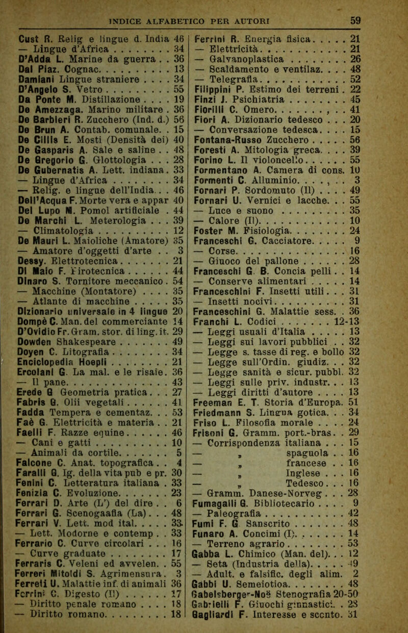 Cust R. Relig e lingue d. India — Lingue d’Africa D’Adda L. Marine da guerra . . Dal Piaz. Cognac Damiani Lingue straniere . . . . D’Angelo S. Vetro Da Ponte M. Distillazione . . . . De Amezzaga. Marino militare . De Barbieri R. Zucchero (Ind. d.) De Brun A. Contab. comunale. . De Cillls E. Mosti (Densità dei) De Gasparis A. Sale e saline . . De Gregorio G. Glottologia . . . De Gubernatis A. Lett. indiana. — Lingue d’Africa — Relig. e lingue dell’India.. . Dell’Acqua F. Morte vera e appar Del Lupo M. Pomol artificiale . De Marchi L. Meterologia . . . — Climatologia De Mauri L. Maioliche (Amatore) — Amatore d’oggetti d’arte . . Dessy. Elettrotecnica DI Maio F. Pirotecnica Dinaro S. Tornitore meccanico. — Macchine (Montatore) .... — Atlante di macchine Dizionario universale in 4 lingue Dompè C. Man. del commerciante D’Ovidio Fr. Gram. stor. di ling. it. Dowden Shakespeare Doyen C. Litografia Enciclopedia Hoepli Ercolanl G La mal. e le risaie. — Il pane Erede Q Geometria pratica. . . Fabris G. Olii vegetali Fadda Tempera e cementaz. . . Faè G. Elettricità e materia . . Faelli F. Razze equine — Cani e gatti — Animali da cortile Falcone C. Anat. topografica. . Faralli 0. Ig. della vita pub e pr. | Fenini C. Letteratura italiana . Fenizia C. Evoluzione Ferrari D. Arte (L’) del dire . . Ferrari G. Scenogaafla (La). . . Ferrari V. Lett. mod ital — Lett. Modorne e contemp . . Ferrario C. Curve circolari . . . — Curve graduato Ferraris C. Veleni ed avvelen. . Ferreri Mitotdi S. Agrimensura. Ferreti U. Malattie inf. di animali Ferrini C. Digesto (II) — Diritto penale romano .... — Diritto romano Ferrini R. Energia fisica 21 — Elettricità 21 — Galvanoplastica 26 — Scaldamento e ventilaz. ... 48 — Telegrafia 52 Filippini P. Estimo dei terreni. 22 Finzi J. Psichiatria 45 Fiorini C. Omero . . 41 Fiori A. Dizionario tedesco ... 20 — Conversazione tedesca. ... 15 Fontana-Russo Zucchero 56 Foresti A. Mitologia greca. ... 39 Forino L. Il violoncello 55 Formentano A. Camera di cons. 10 Formanti C. Alluminio. ...... 3 Fornari P. Sordomuto (II) .... 49 Fornari U. Vernici e lacche. . . 55 — Luce e suono 35 — Calore (II) 10 Foster M. Fisiologia 24 Franceschi G. Cacciatore 9 — Corse 16 — Giuoco del pallone 28 Franceschi G. B. Concia pelli. . 14 — Conserve alimentari 14 Franceschini F. Insetti utili. . . 31 — Insetti nocivi 31 Franceschini G. Malattie sess. . 36 Franchi L. Codici 12-13 — Leggi usuali d’Italia 13 — Leggi sui lavori pubblici . . 32 — Legge s. tasse di reg. e bollo 32 — Legge sull'Ordin. giudiz. . . 32 — Legge sanità e sicur. pubbl. 32 — Leggi sulle priv. industr. . . 13 — Leggi diritti d’autore .... 13 Freeman E. T. Storia d’Europa. 51 Friedmann S. Linerua gotica. . . 34 Friso L. Filosofia morale . . . . 24 Frisoni G. Gramm. port.-bras. . 29 — Corrispondenza italiana ... 15 — , spagnola . . 16 — „ francese . . 16 — „ Inglese ... 16 — „ Tedesco. . . 16 — Gramm. Danese-Norveg ... 28 Fumagalli G. Bibliotecario .... 9 — Paleografia 42 Fumi F. G Sanscrito 48 Funaro A. Concimi (I). 14 — Terreno agrario 53 Gabba L. Chimico (Man. del). . . 12 — Seta (Industria della) 19 — Adult. e falsific. degli alim. 2 Gabbi U. Semeiotioa 48 Gabelsberge^-Noe Stenografia 20-50 Gabrielli F. Giuochi ginnastici. . 28 Gagliardi F. Interesse e sconto. 31 , 46 34 36 13 , 34 55 19 36 56 15 40 48 28 33 34 46 40 44 39 12 35 3 21 44 54 35 35 20 14 29 49 34 21 36 43 27 41 53 21 46 10 5 4 30 33 23 6 48 33. 33 16 17 55 3 36 17 18 18