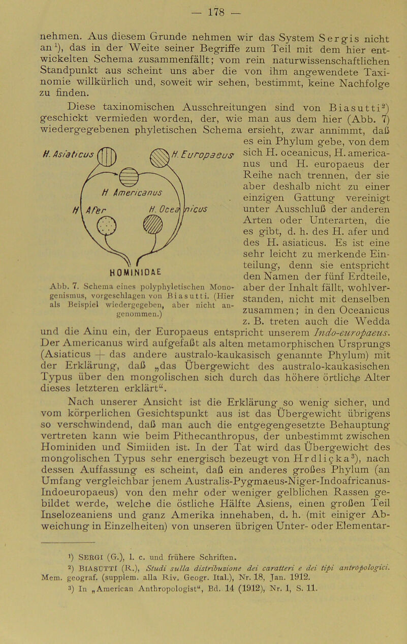 nehmen. Aus diesem Grunde nehmen wir das System Serg-is nicht an^), das in der Weite seiner Begriffe zum Teil mit dem hier ent- wickelten Schema zusammenfàllt ; vom rein naturwissenschaftlichen Standpunkt aus scheint uns aber die von ihm angewendete Taxi- nomie willkiirlich und, soweit wir sehen, bestimmt, keine Nachfolge zu fìnden. Diese taxinomischen Ausschreitungen sind von Biasutti^) geschickt vermieden worden, der, wie man aus dem hier (Abb. 7) wiedergegebenen phyletischen Schema ersieht, zwar annimmt, daC es ein Phylum gebe, von dem sich H. oceanicus, H. america- nus und H. europaeus der Reihe nach trennen, der sie aber deshalb nicht zu einer einzigen Gattung vereinigt unter Ausschlufì der anderen Arten oder Unterarten, die es g'ibt, d. h. des H. afer und des H. asiaticus. Es ist eine sehr leicht zu merkende Ein- teilung, denn sie entspricht den Namen der fiinf Erdteile, aber der Inhalt fàllt, wohlver- standen, nicht mit denselben zusammen; in den Oceanicus z. B. treten auch die Wedda und die Ainu ein, der Europaeus entspricht unserem Indo-europaezis. Der Americanus wird aufgefalit als alten metamorphischen Ursprungs (Asiaticus -}- das andere australo-kaukasisch genaimte Phylum) mit der Erklarung, dafi „das Ubergewicht des australo-kaukasischen Typus iiber den mongolischen sich durch das hòhere òrtliclip Alter dieses letzteren erklàrt“. Nach unserer Ansicht ist die Erklarung so wenig sicher, und vom kòrperlichen Gesichtspunkt aus ist das Ubergewicht ùbrigens so verschwindend, dali man auch die entgegengesetzte Behauptung vertreten kann wie beim Pithecanthropus, der unbestimmt zwischen Hominiden und Simiiden ist. In der Tat wird das Ubergewicht des mongolischen Typus sehr energisch bezeugt von Hrdlicka®), nach dessen Auffassung es scheint, dalj ein anderes groOes Phylum (an Umfang vergleichbar jenem Australis-Pygmaeus-Niger-Indoafricanus- Indoeuropaeus) von den mehr oder weniger gelblichen Rassen ge- bildet werde, welche die ostliche Halite Asiens, einen grofien Teil Inselozeaniens und ganz Amerika innehaben, d. h. (mit einiger Ab- weichung in Einzelheiten) von unseren iibrigen Unter- oder Elementar- ') Sergi (G.), 1. C. und friihere Schriften. BlASDTTl (R-.), Studi sulla distribuzione dei caratteri e dei tipi antropologia. Mem. geograf. (supplem. alla Riv. Geogr. Ital.), Nr. 18, Jan. 1912. 3) In „Araerican Anthropologist“, Bd. 14 (1912), Nr. 1, S. 11. Abb. 7. Schema cines polyphyletischen Mono- genisnius, vorgcschlagen von Biasutti. (Hier als Beispiel wiedergegeben, aber nicht an- genonimen.)