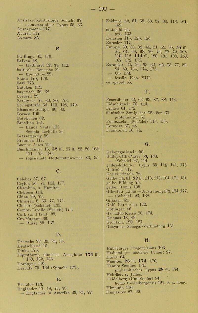 Austro-subaustraloide Schicht 67. — siibaustraloider Typus 65, 66. Auvergnaten 117. Avaren 117. Aymara 85. B. Ba-Binga 85, 173. Ballcan 68. — Halbinsel 32, 37, 112. baltische Deutsche 22. — Forrnation 82. Bantu 175, 176. Bari 175. Bataken 119. bayerisch 66, 68. Berbern 29. Bergtypus 51, 60, 80, 173. Beringstrafio 64, 11.3, 128, 179. Bismarckarchipel 60, 80. Borneo 109. Botokuden 62. Brasilieii 1.31. — Lagoa Santa 113. — .Semnia .'uiritalis 26. Brassempouy 59. Brctonen 1.17. Buenos Aires 124. Buschmiinncr !(!, i>2 fT., .57 IT., 8.5, 86, 163, 171, 173, 180. — sogeiiannte Hottentottenvcnus 86, 9.5. c. Celebes .57, 67. Ceylon 56, .57, 114, 177. Chamiten, s. Hamiten. Chélléen 114. China 29, 72. Chincsen 8, 63, 77, 174. Chocori (Schadel) 1.3.5. Corabc-Capelle (.Skclett) 174. Cork (in Irland) 29. Cro-Magnon 66. — Rasse 89, 137. D. Deutsche 22, 29, 34, 35. Deutschland 16. Dinka 175. Diprothomo platensis Ameghino 134 ff., 1.30, 132, 136. Dordogne 116. Dravida 75, 162 (Sprache 177). E. Ecuador 113. Englander 17, 18, 77, 78. — Englander in Amerika 23, 31, 72. Eskimos 62, 64, 69, 83, 87, 88, 11.3, 161, 162. eskimoid 64. — pra- 133. Eurasien 115, 120, 126. Eurasier 117. Europa 30, 36, 39, 44, 51, 53, .55, ó7 ff., 61, 64, 66, 68, 70, 74, 77. 79, 108, no, 112, 114 ff., 120, 131, 1.38, 1.50, 167, 172, 175. Europaer 20, 26, 33, 62, 65, 73, 77, 82, 84, 89, 134, 174, 175. — Ur- 174. — fossile, Kap. Vili. europaoid 56. F. Feuerlauder 62, 63, 69, 87, 88, 114. Fidschiinseln 76, 114. Finnen 61, 172. finnischer Zweig der Weiflen 61. protolìnnisch 61. Fontezuelas (.Schadel) 113, 13.5. Formosa 67, 68. Frankreich 16, 74. G. Galapagosinseln .50. Galley-Hill-Rasse .53, 138. — -.Schadel 97, 114. galley-hilloider lypus 55, 114, 141, 17.5. Galtscha 117. Geelvinkìnseln 76. Gelbe 34, 61, 83 ff., 113,116,164,171,181. gelbe Bildung 75. gelber 1 ypus 109. Gibraltar (Linie — Australien) 173.174,177. — (Schadel) 96, 138. Giljaken 63. Golf, Persischer 112. Gdttingen 46. Grimaldi-Rasse .58, 174. Griquas 48, 49. Gronland 120, 121. Guayana—Senegai-Verbindung 131. H. Habsburger Progeneismus 103. Hadjemi (= moderne Perser) 27. Haida 64. Hamiten 36 ff., 174, 176. Hamito-Semiten 175. prahamitischer Typus 38 ff., 174. Hebràer, s. Juden. Heidelberg (Unterkiefer) 94. homo Heidelbergensis 121, s. a. homo. Himalaja 110. Himjariter 27, 29.