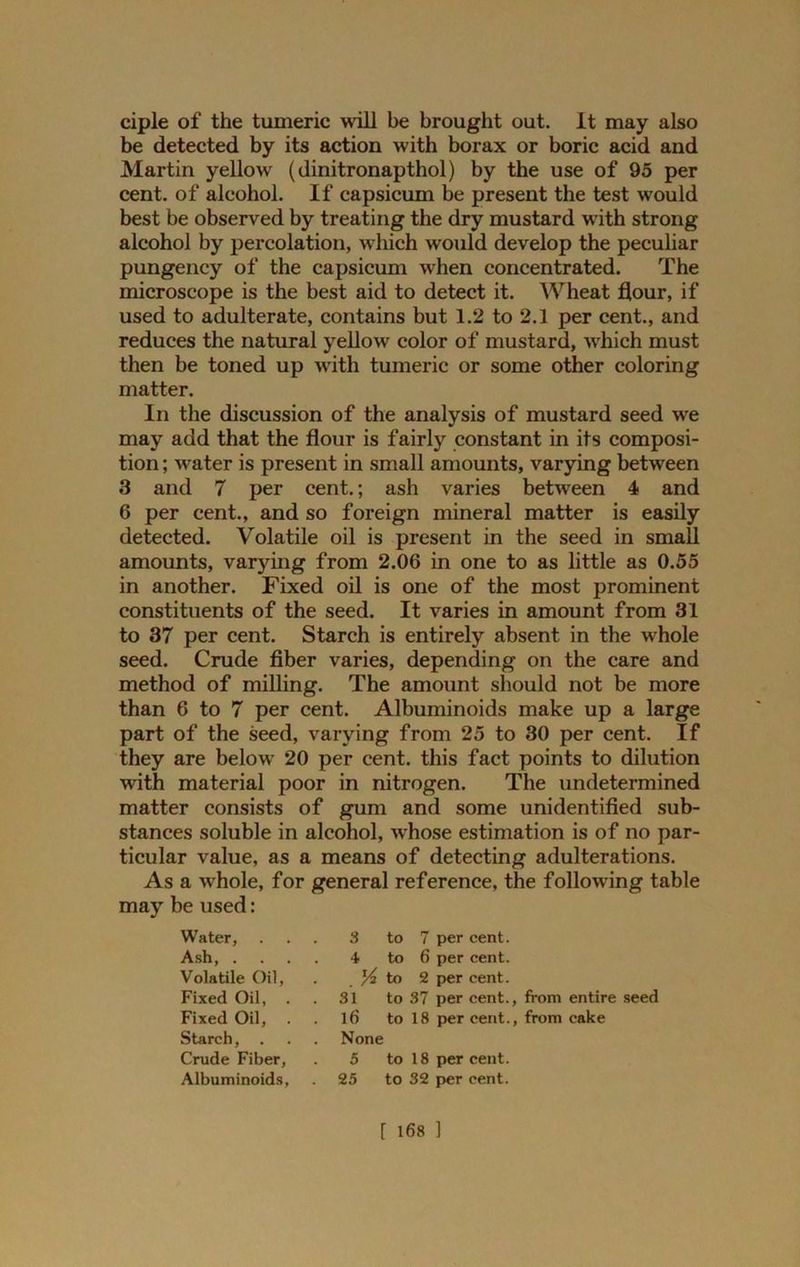 ciple of the tumeric will be brought out. It may also be detected by its action with borax or boric acid and Martin yellow (dinitronapthol) by the use of 95 per cent, of alcohol. If capsicum be present the test would best be observed by treating the dry mustard with strong alcohol by percolation, which would develop the peculiar pungency of the capsicum when concentrated. The microscope is the best aid to detect it. Wheat flour, if used to adulterate, contains but 1.2 to 2.1 per cent., and reduces the natural yellow color of mustard, which must then be toned up with tumeric or some other coloring matter. In the discussion of the analysis of mustard seed we may add that the flour is fairly constant in its composi- tion; water is present in small amounts, varying between 3 and 7 per cent.; ash varies between 4 and 6 per cent., and so foreign mineral matter is easily detected. Volatile oil is present in the seed in small amounts, varying from 2.06 in one to as little as 0.55 in another. Fixed oil is one of the most prominent constituents of the seed. It varies in amount from 31 to 37 per cent. Starch is entirely absent in the whole seed. Crude fiber varies, depending on the care and method of milling. The amount should not be more than 6 to 7 per cent. Albuminoids make up a large part of the seed, varying from 25 to 30 per cent. If they are below 20 per cent, this fact points to dilution with material poor in nitrogen. The undetermined matter consists of gum and some unidentified sub- stances soluble in alcohol, whose estimation is of no par- ticular value, as a means of detecting adulterations. As a whole, for general reference, the following table may be used: Water, 3 to 7 per cent. Ash, . . 4 to 6 per cent. Volatile Oil, l/2 to 2 per cent. Fixed Oil, . . 31 to 37 per cent., from entire seed Fixed Oil, . 16 to 18 per cent., from cake Starch, None Crude Fiber, 5 to 18 per cent. Albuminoids, 25 to 32 per cent.