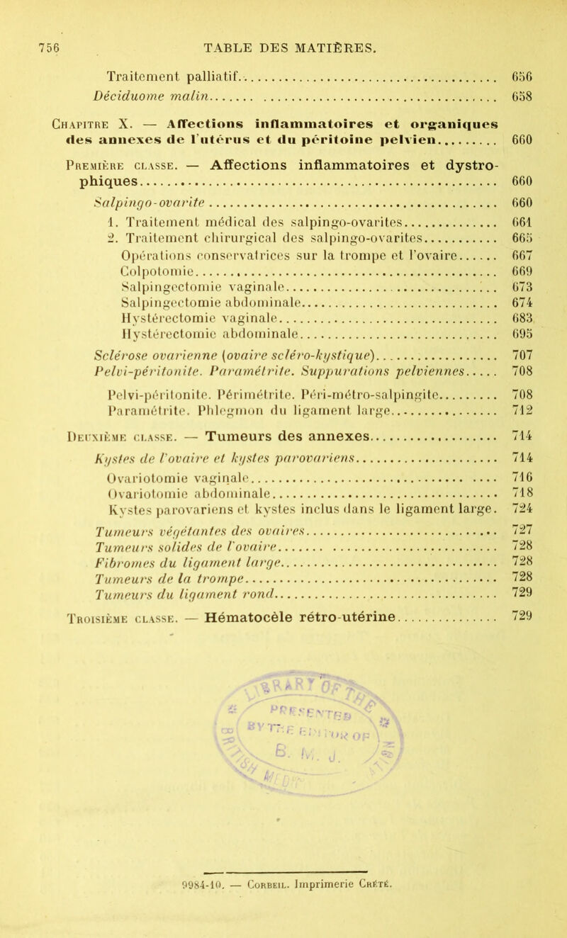 Traitement palliatif. 656 Déciduome malin 658 Chapitre X. — Affections inflammatoires et organiques des annexes de l’utérus et du péritoine pelvien 660 Première classe. — Affections inflammatoires et dystro- phiques 660 Salpingo-ovarite 660 1. Traitement médical des salpingo-ovarites 661 2. Traitement chirurgical des salpingo-ovarites 665 Opérations conservatrices sur la trompe et l’ovaire 667 Colpotomie 669 Salpingectomie vaginale !.. 673 Salpingectomie abdominale 674 Hystérectomie vaginale 683, Hystérectomie abdominale 695 Sclérose ovarienne (ovaire scléro-kystique) 707 Pelvi-péritonite. Paramétrite. Suppurations pelviennes 708 Pelvi-péritonite. Périmétrite. Péri-métro-salpingite 708 Paramétrite. Phlegmon du ligament large 712 Deuxième classe. — Tumeurs des annexes 714 Kystes de l'ovaire et kystes parovariens 714 Ovariotomie vaginale 716 Ovariotomie abdominale 718 Kystes parovariens et kystes inclus dans le ligament large. 724 Tumeurs végétantes des ovaires 727 Tumeurs solides de l'ovaire . 728 Fibromes du ligament large 728 Tumeurs de la trompe 728 Tumeurs du ligament rond 729 Troisième classe. — Hématocèle rétro-utérine 729 9984-10. — Corbeil. Imprimerie Crété.