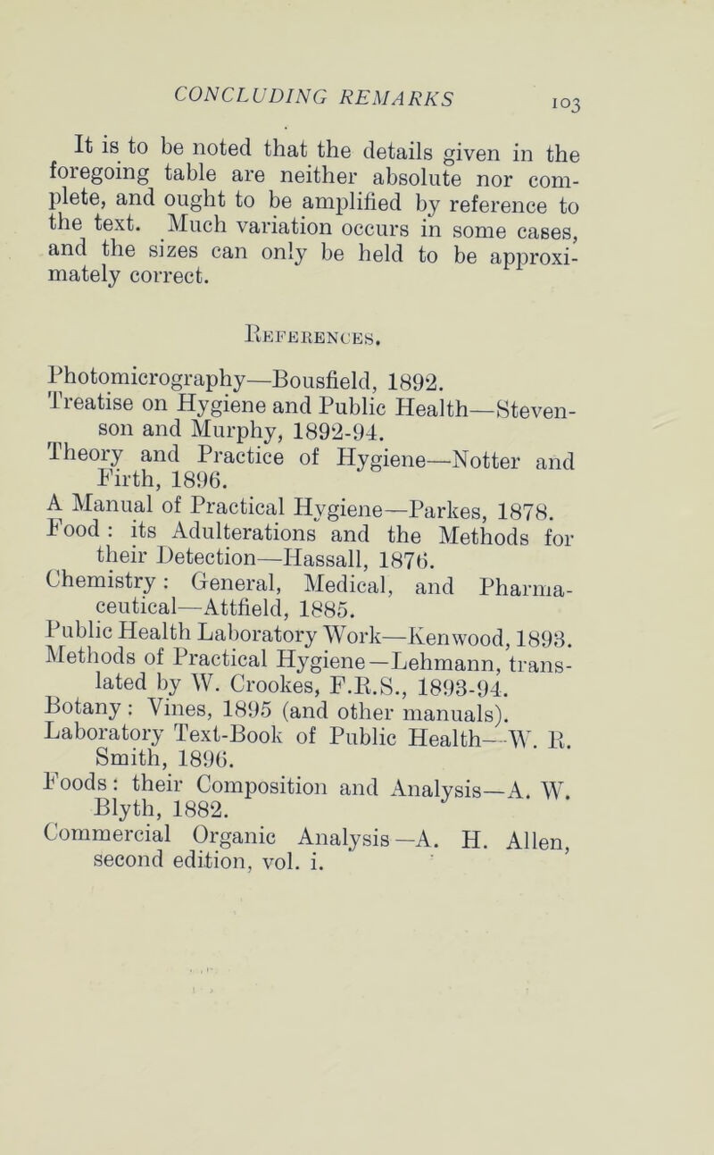 It is to be noted that the details given in the foregoing table are neither absolute nor com- plete, and ought to be amplified by reference to the text. Much variation occurs in some cases, and the sizes can only be held to be approxi- mately correct. References. Photomicrography—Bousfield, 1892. Treatise on Hygiene and Public Health—Steven- son and Murphy, 1892-94. theory and Practice of Hygiene—Notter and Firth, 1896. A Manual of Practical Hygiene—Parkes, 1878. Food : its Adulterations and the Methods for their Detection—Iiassall, 1876. Chemistry: General, Medical, and Pharma- ceutical— Attfield, 1885. Public Health Laboratory Work—Kenwood, 1893. Methods of Practical Hygiene—Lehmann, trans- lated by W. Crookes, F.R.S., 1893-94. Botany : Vines, 1895 (and other manuals). Laboratory Text-Book of Public Health—W. R. Smith, 1896. Foods: their Composition and Analysis—A. W Blyth, 1882. Commercial Organic Analysis—A. H. Allen, second edition, vol. i.