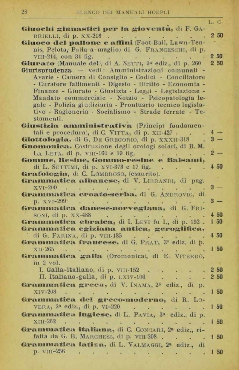 Ginoeiii gimgiaHtici per Isi gioventù, di F. Ga- brielli, di p. XX-218 Giuoco «lei pallone e allini (Foot Ball, Lawn-Ten- nis, Pelota, Palla a maglio) di G. FRANCESCHI, di p. Vlil-214, con 31 lig (ìim-aìo (Manuale del), di A. SETTI, 2a ediz., di p. 260 Giurisprudenza — vedi: Amministrazioni comunali - Avarie - Camera di Consiglio - Codici - Conciliatore - Curatore fallimenti - Digesto - Diritto - Economia - Finanze - Giurato - Giustizia - Leggi - Legislazione - Mandato commerciale - Notaio - Psicopatologia le- gale - Polizia giudiziaria - Prontuario tecnico legisla- tivo - Ragioneria - Socialismo - Strade ferrate - Te- stamenti. Giustizisi amministrativa (Principi fondamen- tali e procedura), di C. VlTTA, di p. XII-427 . Glottologisi, di G. De Gregorio, di p. xxxii-318 Gnomonica.. Costruzione degli orologi solari, di B. M. La Leta. di p. vut-160 e 19 tìg Gomme, atesine, Gommo-resine e lìscissimi, di L. Settimi, di p. xvi-373 e 17 iìg Grafologia, di C. Lombroso, (esaurito). Grsimmatica aSIismese, di Y. Librano!, di pag. XVI-200 Grammatica croato-serba, di G. Androvic, di p. XV1-299' Gi'sunmsitiea danese-norvegisina, di G. Fri- soni, di p. xx-488 Grammatica ebraica, di I. Levi fu I., di p. 192 . Granulisi!lesi egiziansi antica, geroglilica, di G. Farina, di p. vm-185 Granimsiticsi francese, di G. Prat, 3 ediz. di (). XII- 265 Granmiiitica esilisi (Oromonica), di E. VITERBO, in 2 voi. I. Galla-italiano, di p. vm-152 IL Italiano-galla, di p. lxiv-106 . GrsHiiinaticsi greca, di V. Inama, 2a ediz , di p. XIV-208 Grsinunsiticsi del grecounoderno, di R. Lo- vera, 2a ediz., di p. vi-220 Grammsiticsi inglese, di L. Pavia, 3a ediz., di p. XIII- 262 Grsimmaticsi itsiliansi, di C. Concari, 2a ediz., ri- fatta da G. B. Marchesi, di p. vm-208 . Grammatica latina, di L. Valmaggi, 2a ediz., di L. C. 2 50 2 50 2 50 4 — 3 — 2 — 4 50 3 — 3 — 4 50 I 50 4 50 1 50 2 50 2 50 I 50 I 50 I 50 I 50