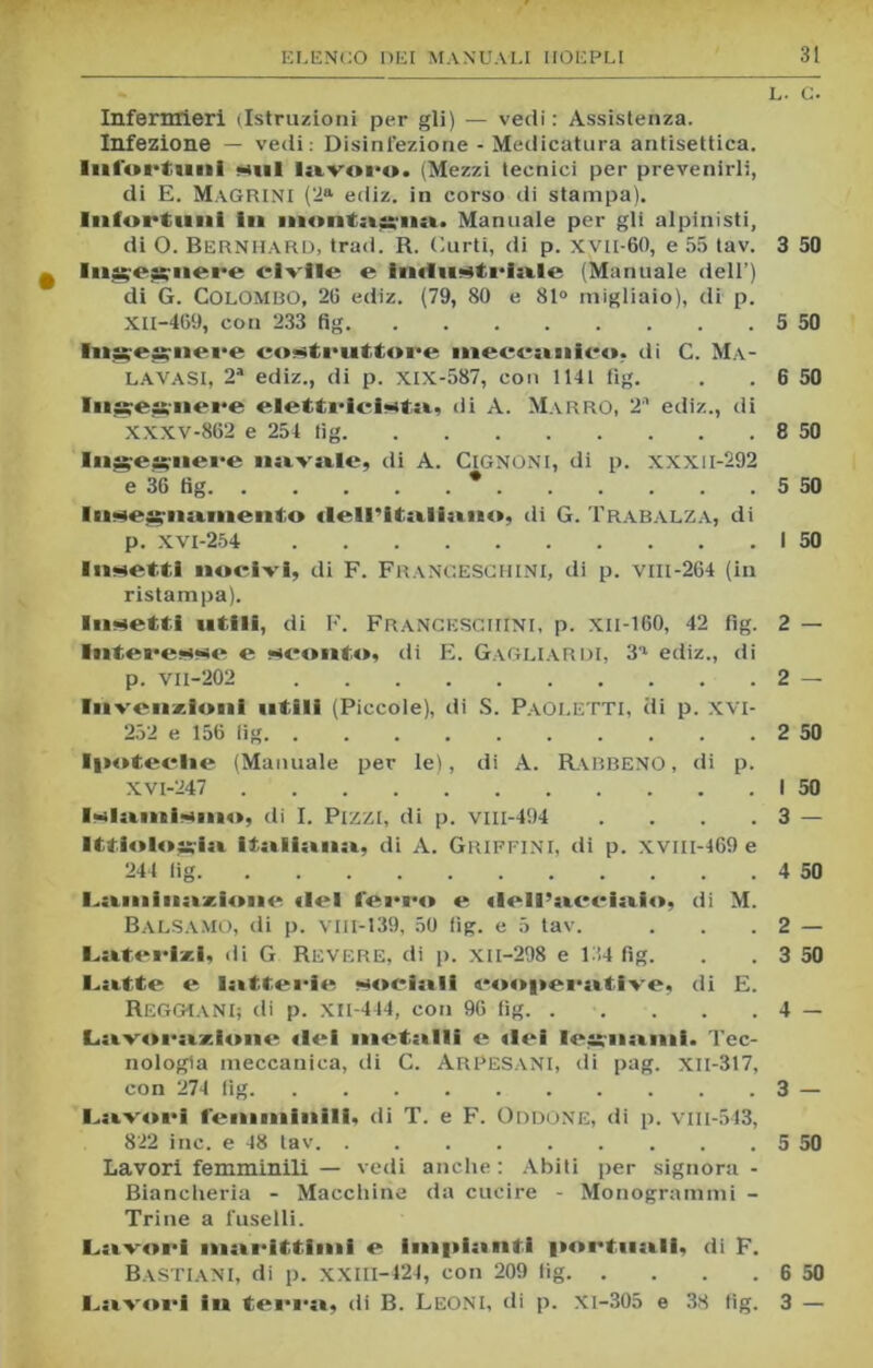 Infermieri (Istruzioni per gli) — vedi : Assistenza. Infezione — vedi: Disinfezione - Medicatura antisettica. Infortuni sul lavoro. (Mezzi tecnici per prevenirli, di E. Magrini (2a ediz. in corso di stampa). Infortuni in montnsgnn. Manuale per gli alpinisti, di 0. Bernhard, trad. R. ('.urti, di p. xvu-60, e 55 tav. Insgeirnere civile e industriale (Manuale dell’) di G. COLOMBO, 26 ediz. (79, 80 e 81° migliaio), di p. XII-469, con 233 fig Insges?nere costruttore meccanico, di C. Ma- la vasi, 2a ediz., di p. XIX-587, con 1141 fig. In^e^nere elettricista, di A. MarrO, 2'1 ediz., di XXXV-862 e 254 fig Ingegnere navale, di A. Cignoni, di p. xxxn-292 e 36 fig * Insegnamento «lell’italiauo, di G. Trabalza, di p. XVI-254 Insetti nocivi, di F. FrancesGHINI, di p. vili-264 (in ristampa). Insetti utili, di F. FRANCESGHINI, p. Xll-160, 42 fig. Interesse e sconto, di E. Gagliardi, 3a ediz., di p. vi 1-202 Invenzioni utili (Piccole), di S. PaOLETTI, di p. XVI- 252 e 156 li g Ipoteche (Manuale per le), di A. Rabbeno , di p. XV1-247 Islaniismo, di I. Pizzi, di p. vm-494 . . . . Ittiologi» italiana, di A. Griffini, di p. xvm-469 e 244 fig Laminazione «lei ferro e «lell’acciaio, di M. Balsamo, di p. viii-139, so fìg. e 5 tav. Laterizi, di G Revere, di p. xiI-298 e 134 fig. Latte e lotterie socinli cooperative, di E. Reggiani; di p. xii-444, con 96 fig Lavorazione «lei metalli e «lei legnami. Tec- nologia meccanica, di C. ArPES.ani, ili pag. xn-317, con 274 fig Lavori femminili, di T. e F. Oddone, di p. vili-543, 822 ine. e 48 tav Lavori femminili — vedi anche: Abiti per signora - Biancheria - Macchine da cucire - Monogrammi - Trine a fuselli. Lavori mnrittimi e impilanti portuali, di F. B.VSTIANI, di p. XXIII-424, con 209 tìg Lavori in terra, di B. Leoni, di p. xi-305 e 38 tig. 3 50 5 50 6 50 8 50 5 50 1 50 2 — 2 — 2 50 1 50 3 — 4 50 2 — 3 50 4 - 3 — 5 50 6 50 3 —