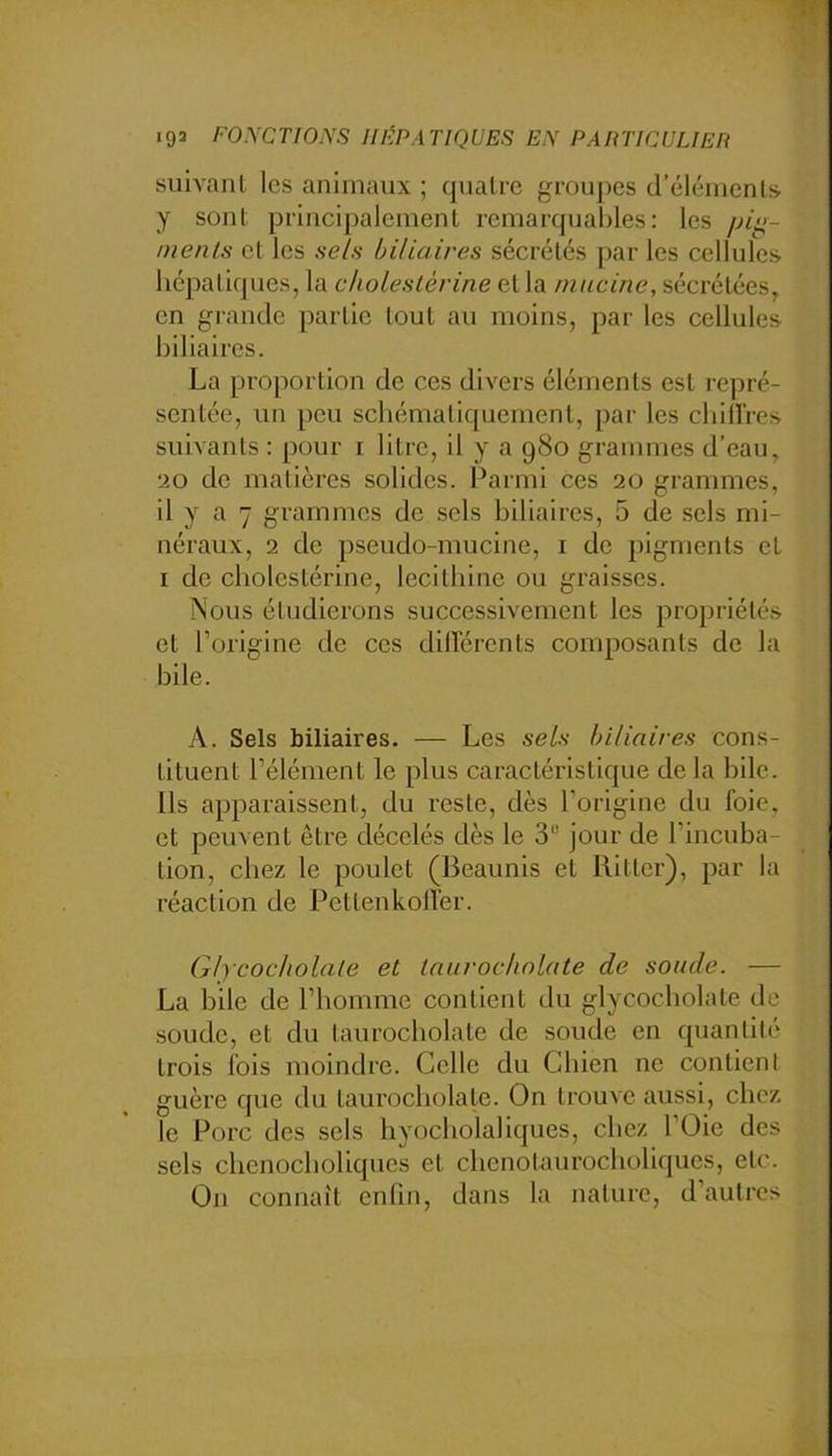 i 193 FONCTIONS HÉPATIQUES EH PÀPTICULIEH suivant les animaux ; quatre groupes d’éléments y sont principalement remarqual)les : les pig- ments et les se/s biliaires sécrétés par les cellules hépatiques, la cholestérine et la mucine, sécrétées, en grande partie tout au moins, par les cellules biliaires. La proportion de ces divers éléments est repré- sentée, un peu schématiquement, par les chiUVes suivants : pour i litre, il y a 980 grammes d’eau, •20 de matières solides. Parmi ces 20 grammes, il y a 7 grammes de sels biliaires, 5 de sels mi- néraux, 2 de pseudo-mucine, i de pigments et I de cholestérine, lecithine ou graisses. Nous étudierons successivement les propriétés et l’origine de ces dillérents composants de la bile. A. Sels biliaires. — Les sels biliaires cons- tituent l’élément le plus caractéristique de la hile. Us apparaissent, du reste, dès l’origine du foie, et peuvent être décelés dès le 3“ jour de l’incuba- tion, chez le poulet (Beaunis et Ritter), par la réaction de PeltenkolTer. Glycocholate et tnurochnlate de soude. — La bile de l’homme contient du glycocholate de soude, et du taurocholate de soude en quantité trois fois moindre. Celle du Chien ne contient guère que du taurocholate. On trouve aussi, chez le Porc des sels hyocholaliques, chez l’Oie des sels chenocholiques et chenotaurocholiques, etc. On connaît enfin, dans la nature, d’autres