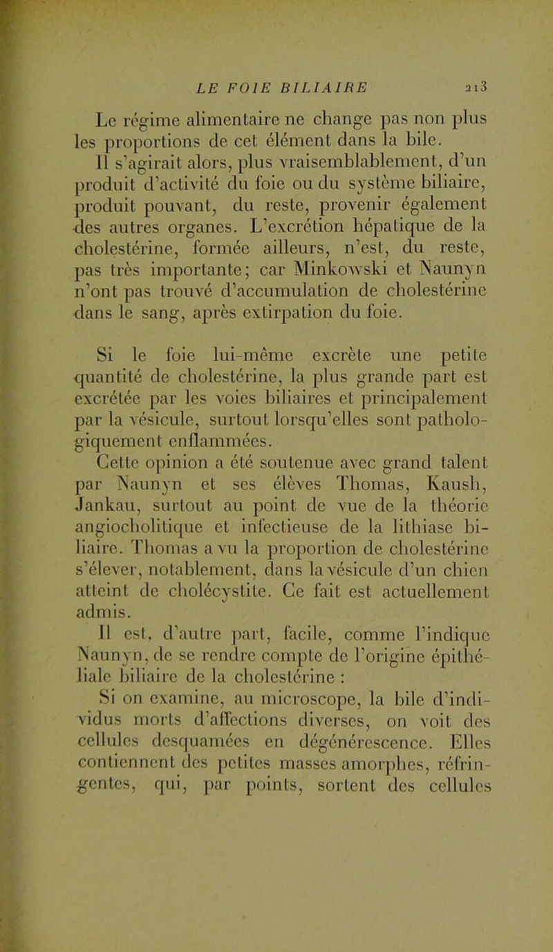 Le régime alimentaire ne change pas non pins les proportions de cet élément dans la bile. 11 s’agirait alors, plus vraisemblablement, d’un produit d’activité du foie ou du système biliaire, produit pouvant, du reste, provenir également des autres organes. L’excrétion hépatique de la cholestérine, formée ailleurs, n’est, du reste, pas très importante; car MinkoAvski et Naunyn n’ont pas trouvé d’accumulation de cholestérine dans le sang, après extirpation du foie. Si le foie lui-même exci'ète une petite quantité de cholestérine, la plus grande part est excrétée par les voies biliaires et principalement par la vésicule, surtout lorsqu’elles sont patholo- giquement enflammées. Cette opinion a été soutenue avec grand talent par iNaunyn et ses élèves Thomas, Kaush, Jankau, surtout au point de vue de la théorie angiocholitique et infectieuse de la lithiase bi- liaire. Thomas a vu la proportion de cholestérine s’élever, notablement, dans la vésicule d’un chien atteint de cholécystite. Ce fait est actuellement admis. Il est, d’autre pari, facile, comme l’indique Naunyn, de se rendre compte de l’origine épitlié- liale biliaire de la cholestérine : Si on examine, au microscope, la hile d’indi- vidus morts d’alfections diverses, on voit des cellules desquamées en dégénérescence. Elles contiennent des petites masses amorphes, réfrin- gentes, qui, par points, sortent des cellules