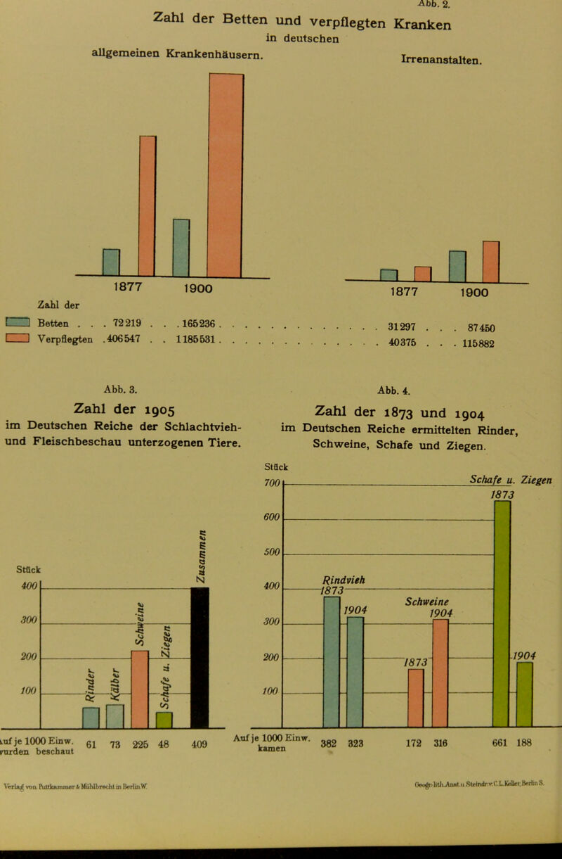 Abb. 2. Zahl der Betten und verpflegten Kranken in deutschen augemeinen Krankenhäusern. Irrenanstalten. Zahl der n n I 11 1877 1900 L 1 Betten . . . 72219 . . . 165236 31297 87450 L I Verpflegten .406547 . . 1185531 40375 115882 Abb. 3. Zahl der 1905 im Deutschen Reiche der Schlachtvieh- und Fleischbeschau unterzogenen Tiere. Abb. 4. Zahl der 1873 und 1904 im Deutschen Reiche ermittelten Rinder, Schweine, Schafe und Ziegen. c: v> 6 | Stück 3 uif je 1000 Einw. 61 73 225 48 409 rarden beschaut Stück Auf je 1000 Junw. 382 323 172 31ß 661 188 Verlag von PutrJaunraerA-ififhlbrechtir Berlin W Oeogn-lith-Annt.il Steindr.rCL.lUler, Berlin S.