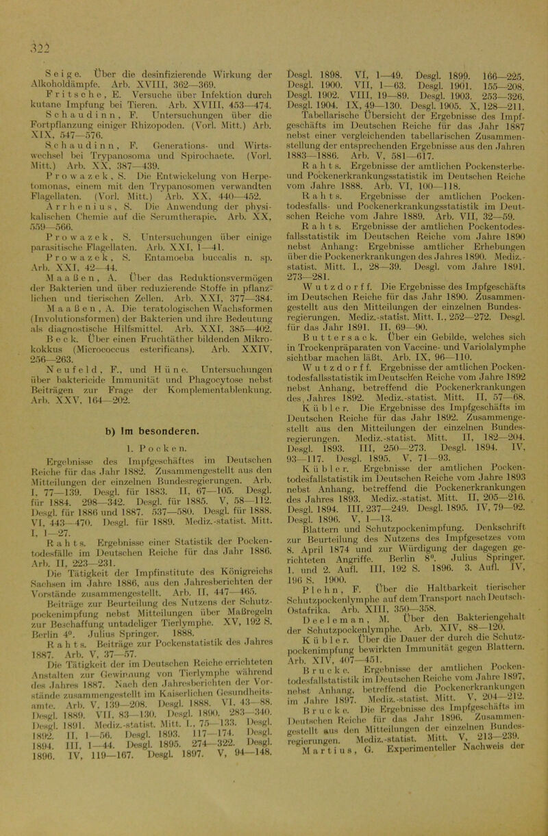 S e i g e. Über die desinfizierende Wirkung der Alkoholdämpfe. Arb. XVIII, 362—369. F r i t s c h e , E. Versuche über Infektion durch kutane Impfung bei Tieren. Arb. XVIII, 453—474. Schaudinn, F. Untersuchungen über die Fortpflanzung einiger Rhizopoden. (Vorl. Mitt.) Arb. XIX, 547—576. Sc haudinn, F. Generations- und Wirts- wechsel bei Trypanosoma und Npirochaete. (Vorl. .Mitt.) Arb. XX, 387—439. Prowazek, S. Die Entwickelung von Herpe- tomonas, einem mit den Trypanosomen verwandten Flagellaten. (Vorl. Mitt.) Arb. XX, 440—452. A r r h e n i u s , S. Die Anwendung der physi- kalischen Chemie auf die Serumtherapie. Arb. XX, 559—566. Prowazek, S. Untersuchungen über einige parasitische Flagellaten. Arb. XXI, 1—41. P r o w a z e k , S. Entamoeba buccalis n. sp. Arb. XXI, 42—44. M außen, A. Über das Reduktionsvermögen der Bakterien und über reduzierende Stoffe in pflanz- lichen und tierischen Zellen. Arb. XXI, 377—384. M außen, A. Die teratologischen Wachsformen (Involutionsformen) der Bakterien und ihre Bedeutung als diagnostische Hilfsmittel. Arb. XXI, 385—402. Beck. Über einen Fruchtäther bildenden Mikro- kokkus (Microeoccus esterificans). Arb. XXIV, 256—263. N e u f e 1 d , F., und Hüne. Untersuchungen über baktericide Immunität und Pliagocytose nebst Beiträgen zur Frage der Komplementablenkung. Arb. XXV, 164—202. b) Im besonderen. 1. Pocken. Ergebnisse des Impfgeschäftes im Deutschen Reiche für das Jahr 1882. Zusammengestellt aus den .Mitteilungen der einzelnen Bundesregierungen. Arb. 1, 77—139. Desgl. für 1883. IT, 67—105. Desgl. für 1884. 298—342. Desgl. für 1885. V, 58—112. Desgl. für 1886 und 1887. 537—580. Desgl. für 1888. VT, 443—470. Desgl. für 1889. Mediz.-statist. Mitt. I, 1—:27. Rah ts. Ergebnisse einer Statistik der Pocken- todesfälle im Deutschen Reiche für das Jahr 1886. Arb. II, 223—231. .. Die Tätigkeit der Impfinstitute des Königreichs Sachsen im Jahre 1886, aus den Jahresberichten der Vorstände zusammengestellt. Arb. TT, 447—465. Beiträge zur Beurteilung des Nutzens der Schutz- pockenimpfung nebst Mitteilungen über Maßregeln zur Beschaffung untadeliger Tierlymphe. XV, 192 S. Berlin 4°. Julius Springer. 1888. R a h t s. Beiträge zur Pockenstatistik des Jahres 1887. Arb. V, 37—57. Die Tätigkeit der im Deutschen Reiche errichteten Anstalten zur Gewinnung von Tierlymphe während des Jahres 1887. Nach den Jahresberichten der Vor- stände zusammengestellt im Kaiserlic hen Gesundheits- amte. Arb. V, 139—208. Desgl. 1888. VI, 43—88. Desgl. 1889. VII, 83—130. Desgl. 1890. 283—340. Desgl. 1891. Mediz.-Statist. Mitt. I., 75—133. Desgl. 1892 II 1—56. Desgl. 1893. 117—174. Desgl. 1894. III, 1-44. Desgl. 1895. 274-322 Desgl. 1896. IV, 119—167. Desgl. 1897. V, 94—148. Desgl. 1898. VI, 1—49. Desgl. 1899. 166—225. Desgl. 1900. VII, 1—63. Desgl. 1901. 155—208. Desgl. 1902. VIII, 19—89. Desgl. 1903. 253—326. Desgl. 1904. IX, 49—130. Desgl. 1905. X, 128—211. Tabellarische Übersicht der Ergebnisse des Impf- geschäfts im Deutschen Reiche für das Jahr 1887 nebst einer vergleichenden tabellarischen Zusammen- stellung der entsprechenden Ergebnisse aus den Jahren 1883—1886. Arb. V, 581—617. Rahts. Ergebnisse der amtlichen Pockensterbe- und Pockenerkrankungsstatistik im Deutschen Reiche vom Jahre 1888. Arb. VI, 100—118. R a h t s. Ergebnisse der amtlichen Pocken- todesfalls- und Pockenerkrankungsstatistik im Deut- schen Reiche vom Jahre 1889. Arb. VII, 32—59. Rahts. Ergebnisse der amtlichen Pockentodes- fallsstatistik im Deutschen Reiche vom Jahre 1890 nebst Anhang: Ergebnisse amtlicher Erhebungen über die Pockenerkrankungen des Jahres 1890. Mediz. - statist. Mitt. I., 28—39. Desgl. vom Jahre 1891. 273—281. Wutzdorff. Die Ergebnisse des Impfgeschäfts im Deutschen Reiche für das Jahr 1890. Zusammen- gestellt aus den Mitteilungen der einzelnen Bundes- regierungen. Mediz.-statist. Mitt. I., 252—272. Desgl. für das Jahr 1891. II, 69—90. Buttersack. Über ein Gebilde, welches sich in Trockenpräparaten von Vaccine- und Variolalymphe sichtbar machen läßt. Arb. IX, 96—110. Wutzdorff. Ergebnisse der amtlichen Pocken- todesfallsstatistik imDeutschen Reiche vom Jahre 1892 nebst Anhang, betreffend die Pockenerkrankungen des, Jahres 1892. Mediz.-statist. Mitt. II, 57—68. Küble r. Die Ergebnisse des Impfgeschäfts im Deutschen Reiche für das Jahr 1892. Zusammenge- stellt aus den Mitteilungen der einzelnen Bundes- regierungen. Mediz.-statist. Mitt. II, 182—204. Desgl. 1893. III, 250—273. Desgl. 1894. IV, 93—117. Desgl. 1895. V, 71—93. Küble r. Ergebnisse der amtlichen Pocken- todesfallstatistik im Deutschen Reiche vom Jahre 1893 nebst Anhang, betreffend die Pockenerkrankungen des Jahres 1893. Mediz.-statist. Mitt. II, 205—216. Desgl. 1894. III, 237—249. Desgl. 1895. IV, 79—92. Desgl. 1896. V, 1—13. Blattern und Schutzpockenimpfung. Denkschrift zur Beurteilung des Nutzens des Impfgesetzes vom 8. April 1874 und zur Würdigung der dagegen ge- richteten Angriffe. Berlin 8. Julius Springer. 1 und 2. Au fl. III, 192 S. 1896. 3. Aufl. IV, 16 S. 1900. . . , P i o h n , F. Über die Haltbarkeit tierischer ■hutzpockenlymphe auf dem Transport nach Deutsch- stafrika, Arb. XIII, 350-358. D e e 1 e m a n , M. Über den Bakteriengehalt sr Schutzpockenlymphe. Arb. XIV, 88 120. K ii b 1 e r. Über die Dauer der durch die Schutz- ickenimpfung bewirkten Immunität gegen Blattern, rb. XIV, 407—451. Brücke. Ergebnisse der amtlichen 1 ocken- desfallstatistik im Deutschen Reiche vom Jahre 1897. ■bst Anhang, betreffend die Pockenerkrankungen i Jahre 1897. Mediz.-statist. Mitt. V. 204—212. Brücke Die Ergebnisse des Impfgeschafte im eutschen Reiche für das Jahr 1896. Zusamiiien- istollt aus den Mitteilungen der einzelnen Bundes- gierungen. Mediz.-statist. Mitt. V, 213—23 J. Martins, G. Experimenteller Nachweis der