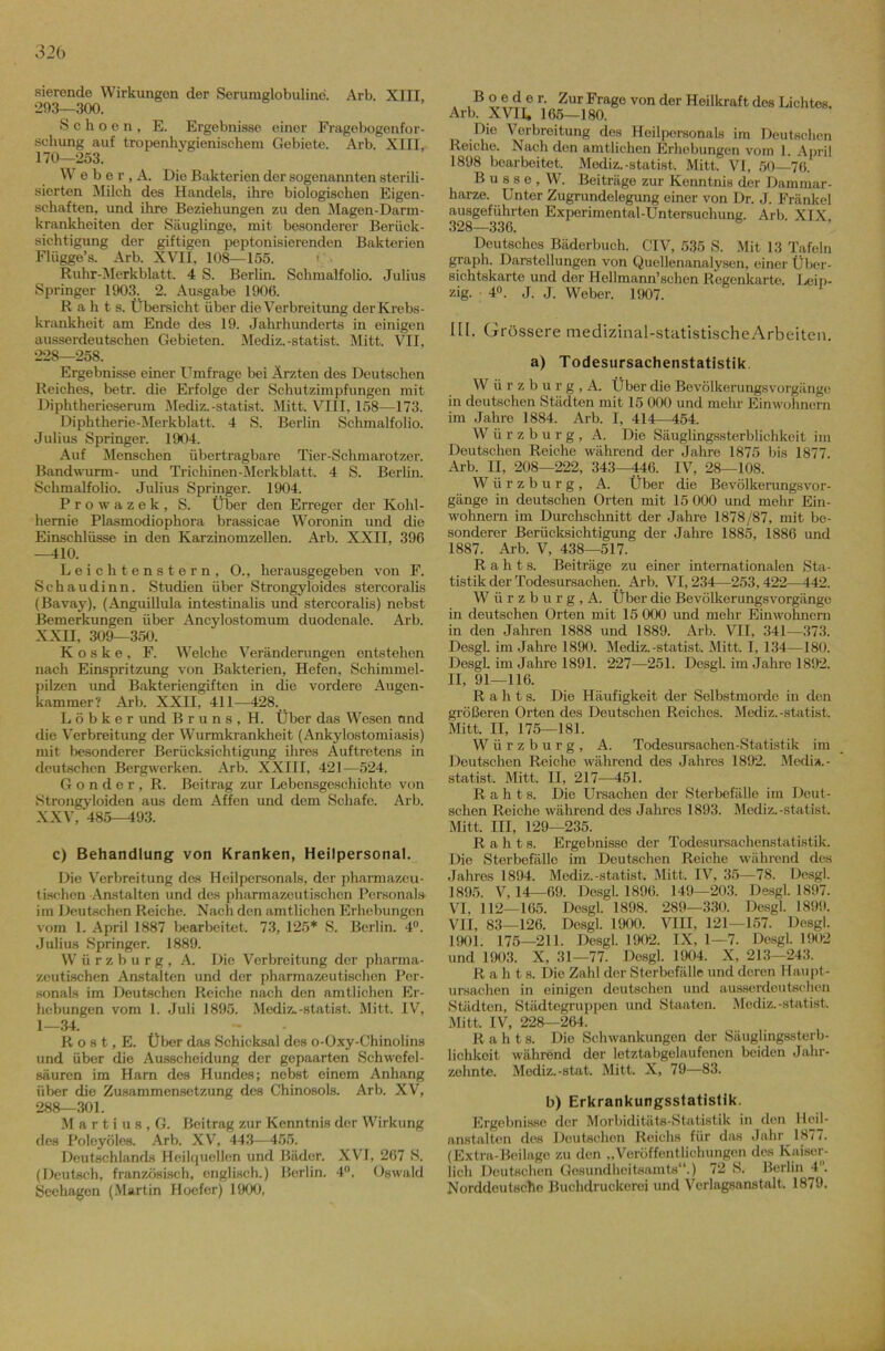 32b gierende Wirkungen der Serumglobuline. Arb. XIII, 293—300. S c h o e n , E. Ergebnisse einer Fragebogenfor- schung auf tropenhygienischem Gebiete. Arb. XIII, 170—253. W e b e r , A. Die Bakterien der sogenannten sterili- sierten Milch des Handels, ihre biologischen Eigen- schaften, und ihre Beziehungen zu den Magen-Darm- krankheiten der Säuglinge, mit besonderer Berück- sichtigung der giftigen peptonisierenden Bakterien Flügge’s. Arb. XVII, 108—155. ' Ruhr-Merkblatt. 4 S. Berlin. Schmalfolio. Julius Springer 1903. 2. Ausgabe 1906. R a h t s. Übersieht über die Verbreitung der Krebs- krankheit am Ende des 19. Jahrhunderts in einigen ausserdeutschen Gebieten. Mediz.-statist. Mitt. VII, 228—258. Ergebnisse einer Umfrage bei Ärzten des Deutschen Reiches, betr. die Erfolge der Schutzimpfungen mit Diphtherieserum Mediz.-statist. Mitt. VIII, 158—173. Diphtherie-Merkblatt. 4 S. Berlin Schmalfolio. Julius Springer. 1904. Auf Menschen übertragbare Tier-Schmarotzer. Bandwurm- und Trichinen-Merkblatt. 4 S. Berlin. Schmalfolio. Julius Springer. 1904. Prowazek, S. Über den Erreger der Kohl- hemie Plasmodiophora brassicae Woronin und die Einschlüsse in den Karzinomzellen. Arb. XXII, 396 —410. Leichtenstern, O., herausgegeben von F. Sehaudinn. Studien über Strongyloides stercoralis (Bavay), (Anguillula intestinalis und stercoralis) nebst Bemerkungen über Ancylostomum duodenale. Arb. XXII, 309—350. K o s k e , F. Welche Veränderungen entstehen nach Einspritzung von Bakterien, Hefen, Schimmel- pilzen und Bakteriengiften in die vordere Augen- kammer? Arb. XXII, 411—428. L ö b k e r und Bruns, H. Über das Wesen und die Verbreitung der Wurmkrankheit (Ankylostomiasis) mit besonderer Berücksichtigung ihres Auftretens in deutschen Bergwerken. Arb. XXIII, 421—524. G o n d e r , R. Beitrag zur Lebensgeschichte von Strongyloiden aus dem Affen und dem Schafe. Arb. XXV, 485—493. c) Behandlung von Kranken, Heilpersonal. Die Verbreitung des Heilpersonals, der pharmazeu- tischen Anstalten und des pharmazeutischen Personals im Deutschen Reiche. Nach den amtlichen Erhebungen vom 1. April 1887 bearbeitet. 73, 125* S. Berlin. 4°. Julius Springer. 1889. Würzburg, A. Die Verbreitung der pharma- zeutischen Anstalten und der pharmazeutischen Per- sonals im Deutschen Reiche nach den amtlichen Er- hebungen vom 1. Juli 1895. Mediz.-statist. Mitt. IV, 1—34. R o s t, E. Über das Schicksal des o-Oxy-Chinolins und über die Ausscheidung der gepaarten Schwefel- säuren im Ham des Hundes; nebst einem Anhang über die Zusammensetzung des Chinosols. Arb. XV, 288—301. M a r t i u s , G. Beitrag zur Kenntnis der Wirkung des Poleyöles. Arb. XV, 443—455. Deutschlands Heilquellen und Bäder. XVI, 267 S. (Deutsch, französisch, englisch.) Berlin. 4°. Oswald Seehagen (Martin Hoefer) 1900, Boeder. Zur Frage von der Heilkraft des Lichtes. Arb. XVII, 165—180. Die Verbreitung des Heilpersonals im Deutschen Reiche. Nach den amtlichen Erhebungen vom 1. April 1898 bearbeitet. Mediz.-statist. Mitt. VI, 50—76. B u s s e , W. Beiträge zur Kenntnis der Dammar- harze. Unter Zugrundelegung einer von Dr. J. Fränkel ausgeführten Experimental-Untersuchung. Arb XIX 328—336. Deutsches Bäderbuch. CIV, 535 S. Mit 13 Tafeln graph. Darstellungen von Quellenanalysen, einer Über- sichtskarte und der Hollmann’schen Regenkarte. Leip- zig. 4°. J. J. Weber. 1907. IIl. Grössere medizinal-statistischeArbeiten. a) Todesursachenstatistik W ürzburg, A. Über die Bevölkerungsvorgängc in deutschen Städten mit 15 000 und mehr Einwohnern im Jahre 1884. Arb. I, 414—454. Würzburg, A. Die Säuglingssterblichkeit im Deutschen Reiche während der Jahre 1875 bis 1877. Arb. II, 208—222, 343—446. IV, 28—108. Würzburg, A. Über die Bevölkerungsvor- gänge in deutschen Orten mit 15 000 und mehr Ein- wohnern im Durchschnitt der Jahre 1878/87, mit be- sonderer Berücksichtigung der Jahre 1885, 1886 und 1887. Arb. V, 438—517. Rahts. Beiträge zu einer internationalen Sta- tistik der Todesursachen. Arb. VI, 234—253,422—442. Würzburg, A. Über die Bevölkerungsvorgänge in deutschen Orten mit 15 000 und mehr Einwohnern in den Jahren 1888 und 1889. Arb. VII, 341—373. Desgl. im Jahre 1890. Mediz.-statist. Mitt. I, 134—180. Desgl. im Jahre 1891. 227—251. Desgl. im Jahre 1892. II, 91—116. R a h t s. Die Häufigkeit der Selbstmorde in den größeren Orten des Deutschen Reiches. Mediz.-statist. Mitt. II, 175—181. Würzburg, A. Todesursachen-Statistik im Deutschen Reiche während des Jahres 1892. Media. - statist. Mitt. II, 217—451. R a h t s. Die Ursachen der Sterbefälle im Deut- schen Reiche während des Jahres 1893. Mediz.-statist. Mitt. III, 129—235. Raht s. Ergebnisse der Todesursachenstatistik. Die Ster befalle im Deutschen Reiche während des Jahres 1894. Mediz.-statist. Mitt. IV, 35—78. Desgl. 1895. V, 14—69. Desgl. 1896. 149—203. Desgl. 1897. VI, 112—165. Desgl. 1898. 289—330. Desgl. 1899. VII, 83—126. Desgl. 1900. VIII, 121—157. Desgl. 1901. 175—211. Desgl. 1902. IX, 1—7. Desgl. 1902 und 1903. X, 31—77. Dosgl. 1904. X, 213—243. Rahts. Die Zahl der Sterbefälle und deren Haupt- ursachen in einigen deutschen und ausserdeutschen Städten, Städtogruppen und Staaten. Mediz.-statist. Mitt. IV, 228—264. Rahts. Die Schwankungen der Säuglingssterb- lichkeit während der letztabgelaufenen beiden Jahr- zehnte. Mediz.-stat. Mitt. X, 79—83. b) Erkrankungsstatistik. Ergebnisse der Morbiditäts-Statistik in den Heil- anstalten des Deutschen Reichs für das Jahr 1877. (Extra-Beilage zu den „Veröffentlichungen des Kaiser- lich Deutschen Gesundheitsamts“.) 72 S. Berlin 4. Norddeutsche Buchdruckerei und Verlagsanstalt. 1879.