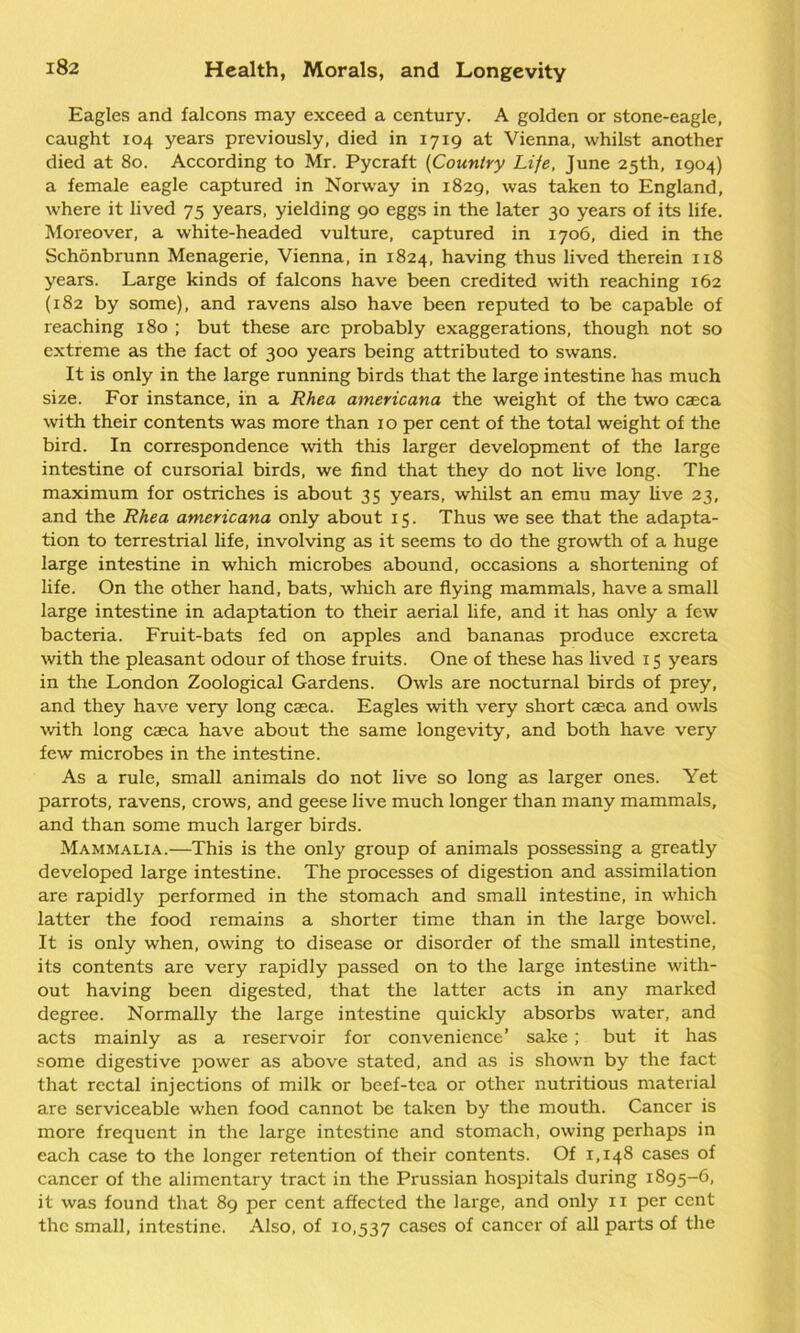 Eagles and falcons may exceed a century. A golden or stone-eagle, caught 104 years previously, died in 1719 at Vienna, whilst another died at 80. According to Mr. Pycraft (Country Life, June 25th, 1904) a female eagle captured in Norway in 1829, was taken to England, where it lived 75 years, yielding 90 eggs in the later 30 years of its life. Moreover, a white-headed vulture, captured in 1706, died in the Schonbrunn Menagerie, Vienna, in 1824, having thus lived therein 118 years. Large kinds of falcons have been credited with reaching 162 (182 by some), and ravens also have been reputed to be capable of reaching 180 ; but these are probably exaggerations, though not so extreme as the fact of 300 years being attributed to swans. It is only in the large running birds that the large intestine has much size. For instance, in a Rhea americana the weight of the two caeca with their contents was more than 10 per cent of the total weight of the bird. In correspondence with this larger development of the large intestine of cursorial birds, we find that they do not live long. The maximum for ostriches is about 35 years, whilst an emu may live 23, and the Rhea americana only about 15. Thus we see that the adapta- tion to terrestrial life, involving as it seems to do the growth of a huge large intestine in which microbes abound, occasions a shortening of life. On the other hand, bats, which are flying mammals, have a small large intestine in adaptation to their aerial life, and it has only a few bacteria. Fruit-bats fed on apples and bananas produce excreta with the pleasant odour of those fruits. One of these has lived 15 years in the London Zoological Gardens. Owls are nocturnal birds of prey, and they have very long caeca. Eagles with very short caeca and owls with long caeca have about the same longevity, and both have very few microbes in the intestine. As a rule, small animals do not live so long as larger ones. Yet parrots, ravens, crows, and geese live much longer than many mammals, and than some much larger birds. Mammalia.—This is the only group of animals possessing a greatly developed large intestine. The processes of digestion and assimilation are rapidly performed in the stomach and small intestine, in which latter the food remains a shorter time than in the large bowel. It is only when, owing to disease or disorder of the small intestine, its contents are very rapidly passed on to the large intestine with- out having been digested, that the latter acts in any marked degree. Normally the large intestine quickly absorbs water, and acts mainly as a reservoir for convenience’ sake ; but it has some digestive power as above stated, and as is shown by the fact that rectal injections of milk or beef-tea or other nutritious material are serviceable when food cannot be taken by the mouth. Cancer is more frequent in the large intestine and stomach, owing perhaps in each case to the longer retention of their contents. Of 1,148 cases of cancer of the alimentary tract in the Prussian hospitals during 1895-6, it was found that 89 per cent affected the large, and only 11 per cent the small, intestine. Also, of 10,537 cases of cancer of all parts of the