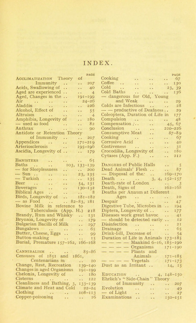 INDEX. Acclimatization Theory PAGE of Cooking PAGE 67 Immunity .. 207 Coffee .. 130 Acids, Swallowing of .. 40 Cold 23, 39 Aged are experienced .. 4 Cold Baths .. 136 Aged, Changes in the .. 191-199 — dangerous for Old, Young Air 24-26 and Weak 29 Aladdin .. 226 Colds are Infectious 28 Alcohol, Effect of •• 55 productive of Deafness 29 Altruism 4 Coleoptera, Duration of Life in 177 Amphibia, Longevity of .. 180 Compulsion • • 48 — used as food 82 Compensation ;.. 45, 67 Anthrax 90 Conclusion 220-226 Antidote or Retention Theory Consumptive Meat 87-89 of Immunity .. 207 Cooking 67 Appendices 171-219 Corrosive Acid 40 Arteriosclerosis 195-196 Costiveness 3i Ascidia, Longevity of .. •• 179 Crocodilia, Longevity of .. 180 Cytases (App. F.) .. 212 Banisters .. 65 Baths .. .. 103, 133-i39 Dangers of Public Halls .. e — for Sleeplessness .. 200 Dead Animals’ Flesh .. 87 — Sun .. 23, 135 — Disposal of the,- 169-170 — Turkish •• 135 Death .. .. 3,4, 152-157 Beer 54, I3i Death-rate of London 3 Beverages 130-132 Death, Signs of 162-168 Biblical Ages S Deaths per Annum at Different Birds, Longevity of 181-182 Ages 10 — as Food .. .. 82 -83, 181 Despair 47 Bovine Milk in reference to Digestive Tube, Microbes in • • 194 Tuberculosis (App. H.) 218 Diptera, Longevity of .. .. 177 Brandy, Rum and Whisky .. 131 Diseases work great havoc 41 Bryozoa, Longevity of .. 179 — should be detected early .. 12 Bulgarian Bacilli of Milk .. 197 Disinfection 21 Bungalows .. 65 Drainage .. 65 Butter, Cheese, Eggs .. 99 Drink-bill, Decrease of 54 Button-making Burial, Premature 157-162, 15 166-168 Cannibalism .. .. 85-86 Censuses of 1851 and 1861, Centenarians in .. 10 Change, Rest, Recreation 139-140 Changes in aged Organisms 191-199 Chelonia, Longevity of .. 180 Cisterns .. .. .. 122 Cleanliness and Bathing, 3, 133-139 Climate and Heat and Cold 22-24 Clothing .. .. 108-113 Copper-poisoning .. .. 16 Duration of Life in Animals 173-185 Mankind 6-16, 185-190 — — Organisms 171-190 Plants and Animals — — — — Vegetals Dust as an Irritant .. 171-185 I7I-I73 14, 15 Education .. 4, 148-150 Ehrlich’s “ Side-Chain ” Theory of Immunity .. .. 207 Evolution .. .. .. 49 — of Light .. .. .. 27 Examinations .. .. 150-151