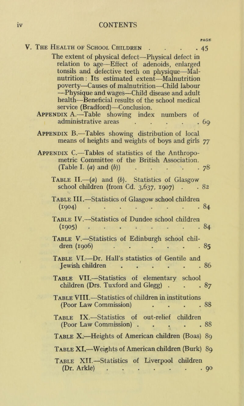 PAGE V. The Health of School Children . . . .45 The extent of physical defect—Physical defect in relation to age—Effect of adenoids, enlarged tonsils and defective teeth on physique—Mal- nutrition : Its estimated extent—Malnutrition poverty—Causes of malnutrition—Child labour —Physique and wages—Child disease and adult health—Beneficial results of the school medical service (Bradford)—Conclusion. Appendix A.—Table showing index numbers of administrative areas 69 Appendix B.—Tables showing distribution of local means of heights and weights of boys and girls 77 Appendix C.—Tables of statistics of the Anthropo- metric Committee of the British Association. (Table I. (a) and (6)) 78 Table II.—(a) and (6). Statistics of Glasgow school children (from Cd. 3,637, 1907) . . 82 Table III.—Statistics of Glasgow school children (1904) 84 Table IV.—Statistics of Dundee school children (1905) 84- Table V.—Statistics of Edinburgh school chil- dren (1906) . .... 85 Table VI.—Dr. Hall’s statistics of Gentile and Jewish children 86 Table VII.—Statistics of elementary school children (Drs. Tuxford and Glegg) . . .87 Table VIII.—Statistics of children in institutions (Poor Law Commission) . . . .88 Table IX.—Statistics of out-relief children (Poor Law Commission) 88 Table X.—Heights of American children (Boas) 89 Table XI.—Weights of American children (Burk) 89 Table XII.—Statistics of Liverpool children (Dr. Arkle) 90