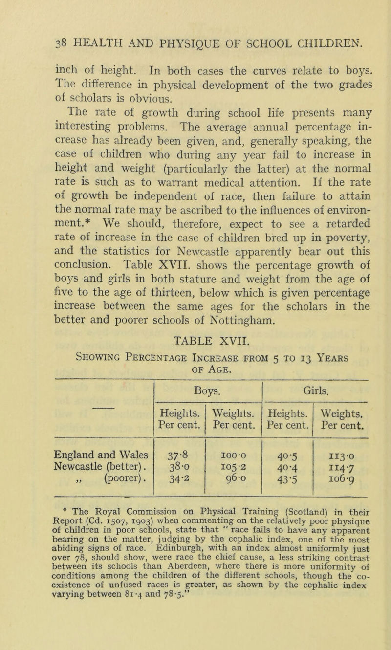 inch of height. In both cases the curves relate to boys. The difference in physical development of the two grades of scholars is obvious. The rate of growth during school life presents many interesting problems. The average annual percentage in- crease has already been given, and, generally speaking, the case of children who during any year fail to increase in height and weight (particularly the latter) at the normal rate is such as to warrant medical attention. If the rate of growth be independent of race, then failure to attain the normal rate may be ascribed to the influences of environ- ment.* We should, therefore, expect to see a retarded rate of increase in the case of children bred up in poverty, and the statistics for Newcastle apparently bear out this conclusion. Table XVII. shows the percentage growth of boj^s and girls in both stature and weight from the age of five to the age of thirteen, below which is given percentage increase between the same ages for the scholars in the better and poorer schools of Nottingham. TABLE XVII. Showing Percentage Increase from 5 to 13 Years of Age. Boys. Girls. Heights. Per cent. Weights. Per cent. Heights. Per cent. Weights. Per cent. England and Wales 37-8 100-o 40-5 113-0 Newcastle (better). 38-0 105-2 40-4 1147 „ (poorer). 34*2 96-0 43-5 106-9 * The Royal Commission on Physical Training (Scotland) in their Report (Cd. 1507, 1903) when commenting on the relatively poor physique of children in poor schools, state that “ race fails to have any apparent bearing on the matter, judging by the cephalic index, one of the most abiding signs of race. Edinburgh, with an index almost uniformly just over 78, should show, were race the chief cause, a less striking contrast between its schools than Aberdeen, where there is more uniformity of conditions among the children of the different schools, though the co- existence of unfused races is greater, as shown by the cephalic index varying between 81-4 and 78-5.”