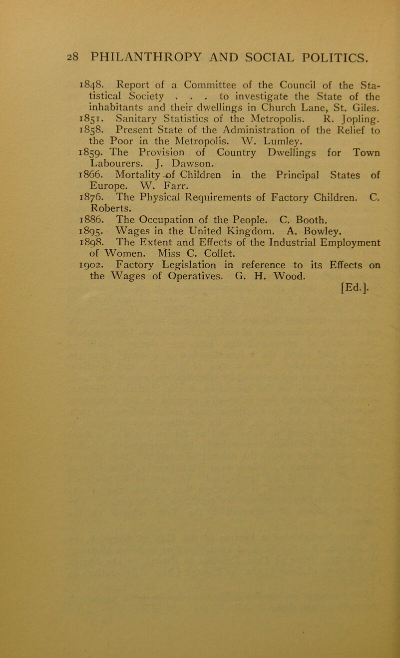 1848. Report of a Committee of the Council of the Sta- tistical Society ... to investigate the State of the inhabitants and their dwellings in Church Lane, St. Giles. 1851. Sanitary Statistics of the Metropolis. R. Jopling. 1858. Present State of the Administration of the Relief to the Poor in the Metropolis. W. Lumley. 1859. The Provision of Country Dwellings for Town Labourers. J. Dawson. 1866. Mortality .of Children in the Principal States of Europe. W. Farr. 1876. The Physical Requirements of Factory Children. C. Roberts. 1886. The Occupation of the People. C. Booth. 1895. Wages in the United Kingdom. A. Bowley. 1898. The Extent and Effects of the Industrial Employment of Women. Miss C. Collet. 1902. Factory Legislation in reference to its Effects on the Wages of Operatives. G. H. Wood. [Ed.].