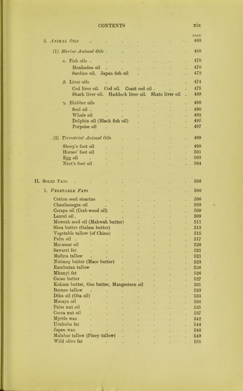 PAGE 2. Animal Oils . . . . . - -.468 (1) Marine Animal Oils . . . . . .469 a. Fisli oils . . . . . . .470 Menhaden oil . . . . .470 Sardine oil. Japan fisli oil . . .472 /3. Liver oils . . . . . .474 Cod liver oil. Cod oil. Coast cod oil . . .475 Shark liver oil. Haddock liver oil. Skate liver oil . 489 y. Blubber oils . . . . . .490 Seal oil . . . . . . . 490 Whale oil . . . . .492 Dolphin oil (Black fish oil) .... 495 Porpoise oil . . . . . 497 (2) Terrestrial Animal Oils ..... 499 Sheep’s foot oil ..... 499 Horses’ foot oil ..... 501 Egg oil ...... 503 Neat’s foot oil ..... 504 II. Solid Fats ........ 506 1. Vegetable Fats ...... 506 Cotton seed stearine ...... 506 Chaulmoogra oil ...... 508 Carapa oil (Crab wood oil) ..... 509 Laurel oil. . . . . . . . 509 Mowrah seed oil (Mahwah butter) . . . .511 Shea butter (Galam butter) . . . . .513 Vegetable tallow (of China) . . . . .515 Palm oil . . . . . . . . 517 Macassar oil ...... 520 Sawarri fat ...... 521 Mafura tallow ....... 521 Nutmeg butter (Mace butter) ..... 523 Rambutan tallow ...... 526 Mkanyi fat ...... 526 Cacao butter ....... 527 Kokum butter, Goa butter, Mangosteen oil . . 531 Borneo tallow ....... 533 Dika oil (Oba oil) ...... 533 Mocaya oil ...... 534 Palm nut oil . . . . . 535 Cocoa nut oil ...... 537 Myrtle wax . ...... 542 Ucuhuba fat ...... 544 Japan wax ....... 546 Malabar tallow (Piney tallow) ..... 549 Wild olive fat ...... 550