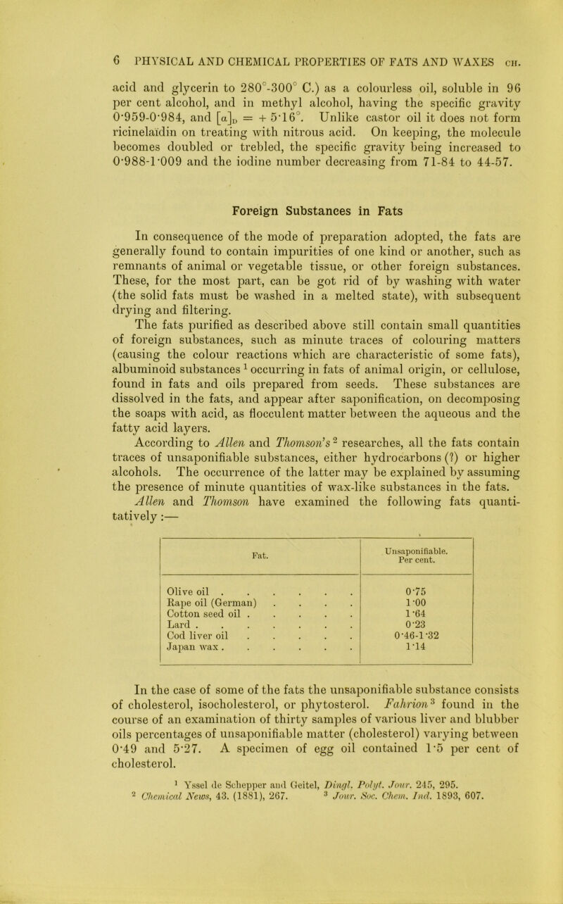 acid and glycerin to 280 -300 C.) as a colourless oil, soluble in 96 per cent alcohol, and in methyl alcohol, having the specific gravity 0*959-0*984, and [a]D = + 5*16°. Unlike castor oil it does not form ricinelaidin on treating with nitrous acid. On keeping, the molecule becomes doubled or trebled, the specific gravity being increased to 0*988-1*009 and the iodine number decreasing from 71-84 to 44-57. Foreign Substances in Fats In consequence of the mode of preparation adopted, the fats are generally found to contain impurities of one kind or another, such as remnants of animal or vegetable tissue, or other foreign substances. These, for the most part, can be got rid of by washing with water (the solid fats must be washed in a melted state), with subsequent drying and filtering. The fats purified as described above still contain small quantities of foreign substances, such as minute traces of colouring matters (causing the colour reactions which are characteristic of some fats), albuminoid substances 1 occurring in fats of animal origin, or cellulose, found in fats and oils prepared from seeds. These substances are dissolved in the fats, and appear after saponification, on decomposing the soaps with acid, as flocculent matter between the aqueous and the fatty acid layers. According to Allen and Thomson’s2 researches, all the fats contain traces of unsaponifiable substances, either hydrocarbons (?) or higher alcohols. The occurrence of the latter may be explained by assuming the presence of minute quantities of wax-like substances in the fats. Allen and Thomson have examined the following fats quanti- tatively :— Fat. Unsaponifiable. Per cent. Olive oil . 0*75 Rape oil (German) .... 1*00 Cotton seed oil . 1*64 Lard ....... 0*23 Cod liver oil .... 0*46-1*32 Japan wax ...... 1*14 In the case of some of the fats the unsaponifiable substance consists of cholesterol, isocholesterol, or phytosterol. Fahrion3 found in the course of an examination of thirty samples of various liver and blubber oils percentages of unsaponifiable matter (cholesterol) varying between 0*49 and 5*27. A specimen of egg oil contained 1*5 per cent of cholesterol. 1 Yssel de Suliepper and Geitel, Dingl. Polyt. Jour. 245, 295. 2 Chemical News, 43. (1881), 267. 3 Jour. Soc. Chem. Ind. 1893, 607.