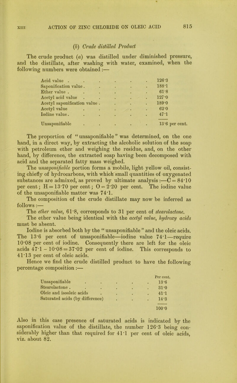 (b) Crude distilled Product The crude product (a) was distilled under diminished pressure, and the distillate, after washing with water, examined, when the following numbers were obtained :— Acid value ...... 126’3 Saponification value. .... 188 T Ether value . . . . . 61'8 Acetyl acid value ..... 127‘0 Acetyl saponification value .... 189 '0 Acetyl value . . . . 62‘0 Iodine value. . . . . 47’1 Unsaponifiable 13‘6 per cent. The proportion of “ unsaponifiable ” was determined, on the one hand, in a direct way, by extracting the alcoholic solution of the soap with petroleum ether and weighing the residue, and, on the other hand, by difference, the extracted soap having been decomposed with acid and the separated fatty mass weighed. The unsaponifiable portion forms a mobile, light yellow oil, consist- ing chiefly of hydrocarbons, with which small quantities of oxygenated substances are admixed, as proved by ultimate analysis :—C = 84*10 per cent; H= 13*70 per cent; 0 = 2*20 per cent. The iodine value of the unsaponifiable matter was 74*1. The composition of the crude distillate may now be inferred as follows :— The ether value, 61*8, corresponds to 31 per cent of stearoladone. The ether value being identical with the acetyl value, hydroxy acids must be absent. Iodine is absorbed both by the “ unsaponifiable ” and the oleic acids. The 13*6 per cent of unsaponifiable—iodine value 74*1—require 10*08 per cent of iodine. Consequently there are left for the oleic acids 47*1 - 10*08 — 37*02 per cent of iodine. This corresponds to 41*13 per cent of oleic acids. Hence we find the crude distilled product to have the following percentage composition:— Unsaponifiable Per cent. 13*6 Stearolactone .... 31*0 Oleic and isooleic acids 41T Saturated acids (by difference) 14-3 100*0 Also in this case presence of saturated acids is indicated by the saponification value of the distillate, the number 126*3 being con- siderably higher than that required for 41T per cent of oleic acids, viz. about 82.