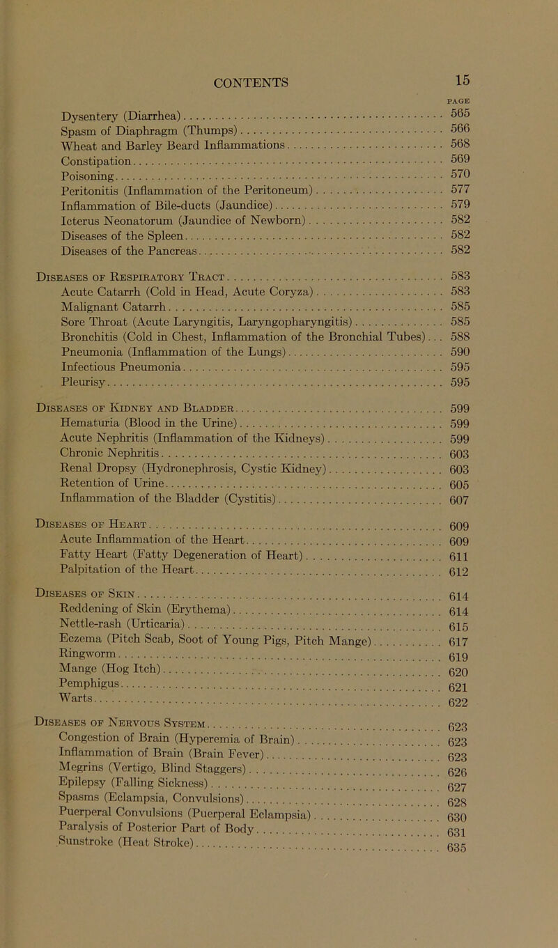 PAGE Dysentery (Diarrhea) 565 Spasm of Diaphragm (Thumps) 566 Wheat and Barley Beard Inflammations 568 Constipation 569 Poisoning 570 Peritonitis (Inflammation of the Peritoneum) 577 Inflammation of Bile-ducts (Jaundice) 579 Icterus Neonatorum (Jaundice of Newborn) 582 Diseases of the Spleen 582 Diseases of the Pancreas 582 Diseases of Respiratory Tract 583 Acute Catarrh (Cold in Head, Acute Coryza) 583 Malignant Catarrh 585 Sore Throat (Acute Laryngitis, Laryngopharyngitis) 585 Bronchitis (Cold in Chest, Inflammation of the Bronchial Tubes)... 588 Pneumonia (Inflammation of the Lungs) 590 Infectious Pneumonia 595 Pleurisy 595 Diseases of Kidney and Bladder 599 Hematuria (Blood in the Urine) 599 Acute Nephritis (Inflammation of the Kidneys) 599 Chronic Nephritis 603 Renal Dropsy (Hydronephrosis, Cystic Kidney) 603 Retention of Urine 605 Inflammation of the Bladder (Cystitis) 607 Diseases of Heart 609 Acute Inflammation of the Heart 609 Fatty Heart (Fatty Degeneration of Heart) 611 Palpitation of the Heart 612 Diseases of Skin 614 Reddening of Skin (Erythema) 614 Nettle-rash (Urticaria) 615 Eczema (Pitch Scab, Soot of Young Pigs, Pitch Mange) 617 Ringworm 0jg Mange (Hog Itch) 620 Pemphigus 621 Warts 622 Diseases of Nervous System 623 Congestion of Brain (Hyperemia of Brain) 623 Inflammation of Brain (Brain Fever) 623 Megrins (Vertigo, Blind Staggers) 626 Epilepsy (Falling Sickness) Q27 Spasms (Eclampsia, Convulsions) Q2S Puerperal Convulsions (Puerperal Eclampsia) 630 Paralysis of Posterior Part of Body 631 Sunstroke (Heat Stroke) fior