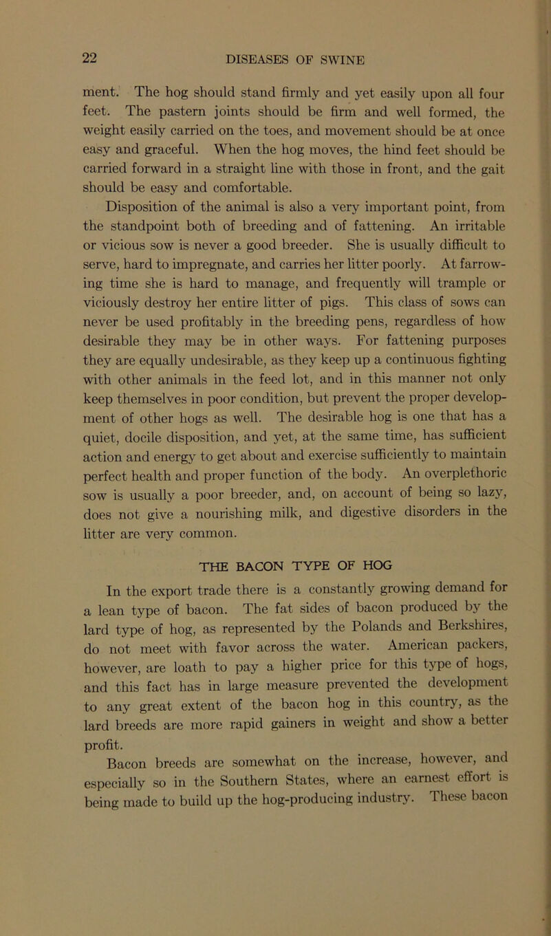 ment. The hog should stand firmly and yet easily upon all four feet. The pastern joints should be firm and well formed, the weight easily carried on the toes, and movement should be at once easy and graceful. When the hog moves, the hind feet should be carried forward in a straight line with those in front, and the gait should be easy and comfortable. Disposition of the animal is also a very important point, from the standpoint both of breeding and of fattening. An irritable or vicious sow is never a good breeder. She is usually difficult to serve, hard to impregnate, and carries her litter poorly. At farrow- ing time she is hard to manage, and frequently will trample or viciously destroy her entire litter of pigs. This class of sows can never be used profitably in the breeding pens, regardless of how desirable they may be in other ways. For fattening purposes they are equally undesirable, as they keep up a continuous fighting with other animals in the feed lot, and in this manner not only keep themselves in poor condition, but prevent the proper develop- ment of other hogs as well. The desirable hog is one that has a quiet, docile disposition, and yet, at the same time, has sufficient action and energy to get about and exercise sufficiently to maintain perfect health and proper function of the body. An overplethoric sow is usually a poor breeder, and, on account of being so lazy, does not give a nourishing milk, and digestive disorders in the litter are very common. THE BACON TYPE OF HOG In the export trade there is a constantly growing demand for a lean type of bacon. The fat sides of bacon produced bjr the lard type of hog, as represented by the Polands and Berkshires, do not meet with favor across the water. American packers, however, are loath to pay a higher price for this type of hogs, and this fact has in large measure prevented the development to any great extent of the bacon hog in this count ry, as the lard breeds are more rapid gainers in weight and show a better profit. Bacon breeds are somewhat on the increase, however, and especially so in the Southern States, where an earnest effort is being made to build up the hog-producing industry. These bacon