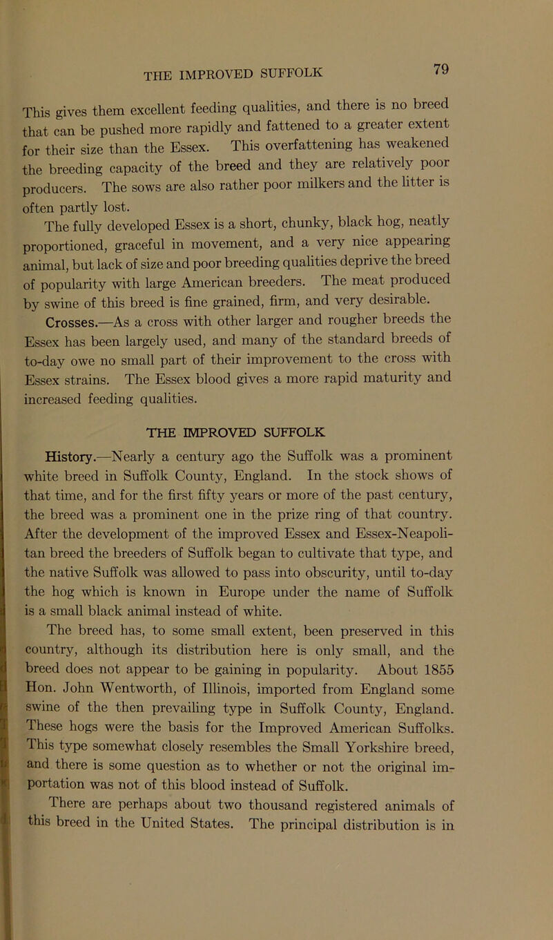 THE IMPROVED SUFFOLK This gives them excellent feeding qualities, and there is no breed that can be pushed more rapidly and fattened to a greater extent for their size than the Essex. This overfattening has weakened the breeding capacity of the breed and they are relatively pooi producers. The sows are also rather poor milkers and the litter is often partly lost. The fully developed Essex is a short, chunky, black hog, neatly proportioned, graceful in movement, and a very nice appearing animal, but lack of size and poor breeding qualities depi i ve the breed of popularity with large American breeders. The meat produced by swine of this breed is fine grained, firm, and very desirable. Crosses.—As a cross with other larger and rougher breeds the Essex has been largely used, and many of the standard breeds of to-day owe no small part of their improvement to the cross with Essex strains. The Essex blood gives a more rapid maturity and increased feeding qualities. THE IMPROVED SUFFOLK History.—Nearly a century ago the Suffolk was a prominent white breed in Suffolk County, England. In the stock shows of that time, and for the first fifty years or more of the past century, the breed was a prominent one in the prize ring of that country. After the development of the improved Essex and Essex-Neapoli- tan breed the breeders of Suffolk began to cultivate that type, and the native Suffolk was allowed to pass into obscurity, until to-day the hog which is known in Europe under the name of Suffolk is a small black animal instead of white. The breed has, to some small extent, been preserved in this country, although its distribution here is only small, and the breed does not appear to be gaining in popularity. About 1855 Hon. John Wentworth, of Illinois, imported from England some swine of the then prevailing type in Suffolk County, England. These hogs were the basis for the Improved American Suffolks. This type somewhat closely resembles the Small Yorkshire breed, and there is some question as to whether or not the original im- portation was not of this blood instead of Suffolk. There are perhaps about two thousand registered animals of this breed in the United States. The principal distribution is in