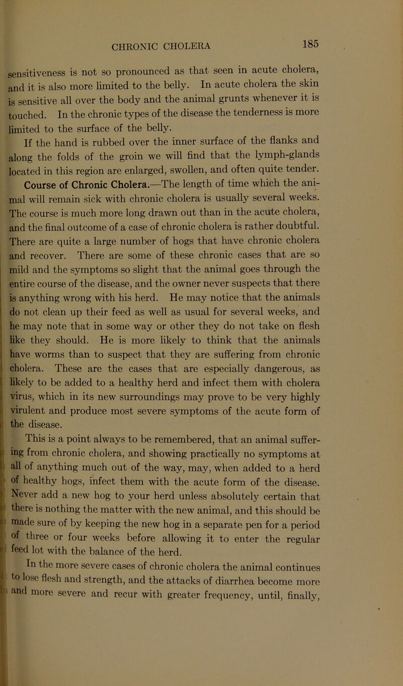 I I 1 k  sensitiveness is not so pronounced as that seen in acute cholera, and it is also more limited to the belly. In acute cholera the skin is sensitive all over the body and the animal grunts whenever it is touched. In the chronic types of the disease the tenderness is more limited to the surface of the belly. If the hand is rubbed over the inner surface of the flanks and along the folds of the groin we will find that the lymph-glands located in this region are enlarged, swollen, and often quite tender. Course of Chronic Cholera.—The length of time which the ani- mal will remain sick with chronic cholera is usually several weeks. The course is much more long drawn out than in the acute cholera, and the final outcome of a case of chronic cholera is rather doubtful. There are quite a large number of hogs that have chronic cholera and recover. There are some of these chronic cases that are so mild and the symptoms so slight that the animal goes through the entire course of the disease, and the owner never suspects that there is anything wrong with his herd. He may notice that the animals do not clean up their feed as well as usual for several weeks, and he may note that in some way or other they do not take on flesh like they should. He is more likely to think that the animals have worms than to suspect that they are suffering from chronic cholera. These are the cases that are especially dangerous, as likely to be added to a healthy herd and infect them with cholera virus, which in its new surroundings may prove to be very highly virulent and produce most severe symptoms of the acute form of the disease. This is a point always to be remembered, that an animal suffer- ing from chronic cholera, and showing practically no symptoms at all of anything much out of the way, may, when added to a herd of healthy hogs, infect them with the acute form of the disease. Never add a new hog to your herd unless absolutely certain that there is nothing the matter with the new animal, and this should be made sure of by keeping the new hog in a separate pen for a period of three or four weeks before allowing it to enter the regular feed lot with the balance of the herd. In the more severe cases of chronic cholera the animal continues to lose flesh and strength, and the attacks of diarrhea become more and more severe and recur with greater frequency, until, finally,
