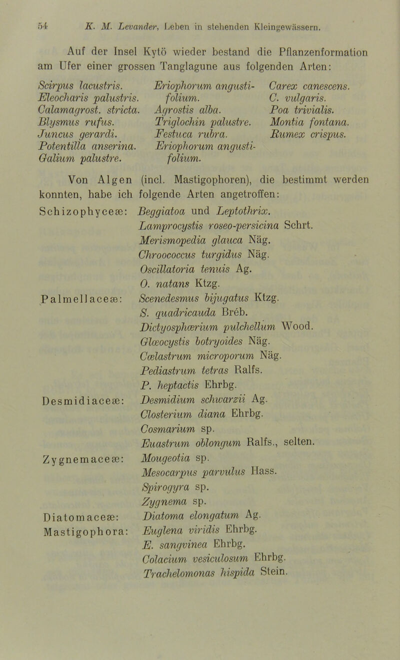 Auf der Insel Kytö wieder bestand die Pflanzenformation am Ufer einer grossen Tanglagune aus folgenden Arten: Scirpus lacustris. Eleocharis palustris. Calamagrost. stricta. Blysmus rufus. Juncus gerarcli. Potentilla anserina. Oalium palustre. Eriophorum angusti- folium. Agrostis alba. Triglochin palustre. Festuca rubra. Eriophorum angusti- folium. Carex canescens. C. vulgaris. Poa trivialis. Montia fontana. Rumex crispus. P almell aceae: Von Algen (incl. Mastigophoren), die bestimmt werden konnten, habe ich folgende Arten angetroffen: Schizophyceae: Beggiatoa und Leptotlirix. Lamprocystis roseo-persicina Sehrt. Merismopedia glauca Näg. Chroococcus turgidus Näg. Oscillatoria tenuis Ag. O. natayis Ktzg. Scenedesmus bijugatus Ktzg. S. quadricauda Breb. Didyosphcerium pulchellum Wood. Glceocystis botryoides Näg. Ccelastrum microporum Näg. Pediastrum tetras Ralfs. P. heptactis Ehrbg. Desmidium schwarzii Ag. Closterium diana Ehrbg. Cosmarium sp. Euastrum oblongum Ralfs., selten. Mougeotia sp. Mesocarpus parvulus Hass. Spirogyra sp. Zygnema sp. Diatoma elongatum Ag. Euglena viridis Ehrbg. E. sangvinea Ehrbg. Colacium vesiculosum Ehrbg. Trachelomonas hispida Stein. Desmidiacese: Zy gnemaceae: Diatom aceae: Mastigophora: