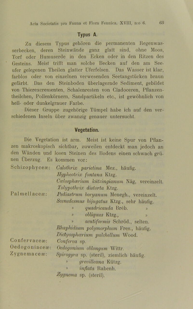 Typus A. Zu diesem Typus gehören die permanenten Regenwas- serbecken, deren Steinwände ganz glatt sind, ohne Moos, Torf oder Humuserde in den Ecken oder in den Ritzen des Gesteins. Meist trifft man solche Becken auf den am See- ufer gelegenen Theilen glatter Uferfelsen. Das Wasser ist klar, farblos oder von einzelnen verwesenden Seetangstücken braun gefärbt. Das den Steinboden überlagernde Sediment, gebildet von Thierexcrementen, Schalenresten von Cladoceren, Pflanzen- theilchen, Pollenkörnern, Sandpartikeln etc., ist gewöhnlich von hell- oder dunkelgrauer Farbe. Dieser Gruppe zugehörige Tümpel habe ich auf den ver- schiedenen Inseln über zwanzig genauer untersucht. Pal mell acese: Vegetation. Die Vegetation ist arm. Meist ist keine Spur von Pflan- zen makroskopisch sichtbar, zuweilen entdeckt man jedoch an den Wänden und losen Steinen des Bodens einen schwach grü- nen Überzug. Es kommen vor: Schizophycese: Calothrix parietina Mez., häufig. Hypheotrix fontana Ktzg. Ccelosphcerium hützingianum Näg, vereinzelt. Tolypothrix distorta Ktzg. Pediastrum boryanum Menegh., vereinzelt. Scenedesmus bijugatus Ktzg., sehr häufig. » quadncauda Breb. » » obliquus Ktzg., » » acutiformis Schröd., selten. Rhaphidium polymorphum Eres., häufig. Dictyosphcerium pulchellum Wood. Conferva sp. Oedogonium oblongum Wittr. Spirogyra sp. (steril), ziemlich häufig. » grevilleana Kützg. » in/lata Rabenh. Zygnema sp. (steril). Confervacete: Oedogoniacese Zygnemacese: