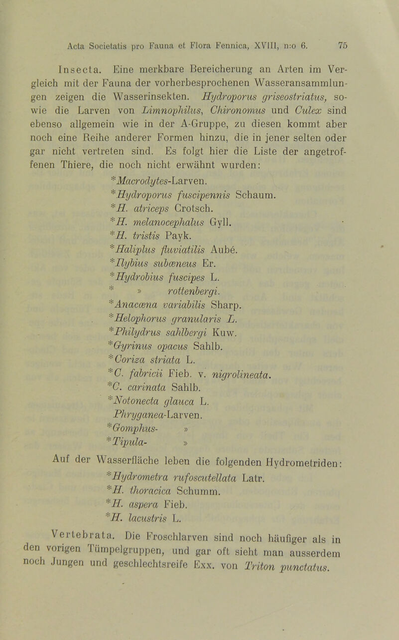 Insecta. Eine merkbare Bereicherung an Arten im Ver- gleich mit der Fauna der vorherbesprochenen Wasseransammlun- gen zeigen die Wasserinsekten. Hydroporus griseostriatus, so- wie die Larven von Limnophilus, Chironomus und Culex sind ebenso allgemein wie in der A-Gruppe, zu diesen kommt aber noch eine Reihe anderer Formen hinzu, die in jener selten oder gar nicht vertreten sind. Es folgt hier die Liste der angetrof- fenen Thiere, die noch nicht erwähnt wurden: Macrodytes-La r v e n. * Hydroporus fuscipennis Schaum. *H. atriceps Crotsch. *JS. melanocephalus Gyll. :,:H. tristis Payk. * Haliplus fluviatilis Aube. *Hybius subceneus Er. *Hydrobius fuscipes L. » rottenbergi. *Anaccena variabilis Sharp. ' Helophorus granularis L. Philydrus sahlbergi Kuw. *Qyrinus opacus Sahib. *Coriza striata L. 'C. fabricii Fieb. v. nigrolineata. *C. carinata Sahib. '■'Notonecta glauca L. Phryganea- Larven. *Gomphus- » *Tipula- » Auf der Wasserfläche leben die folgenden Hydrometriden: ■Plydrometra rufoscutellata Latr. PI. thoracica Schümm. ' LI. cispera Fieb. H. lacustris L. Vertebrata. Die Froschlarven sind noch häufiger als in den vorigen Tümpelgruppen, und gar oft sieht man ausserdem noch Jungen und geschlechtsreife Exx. von Triton punctatus.