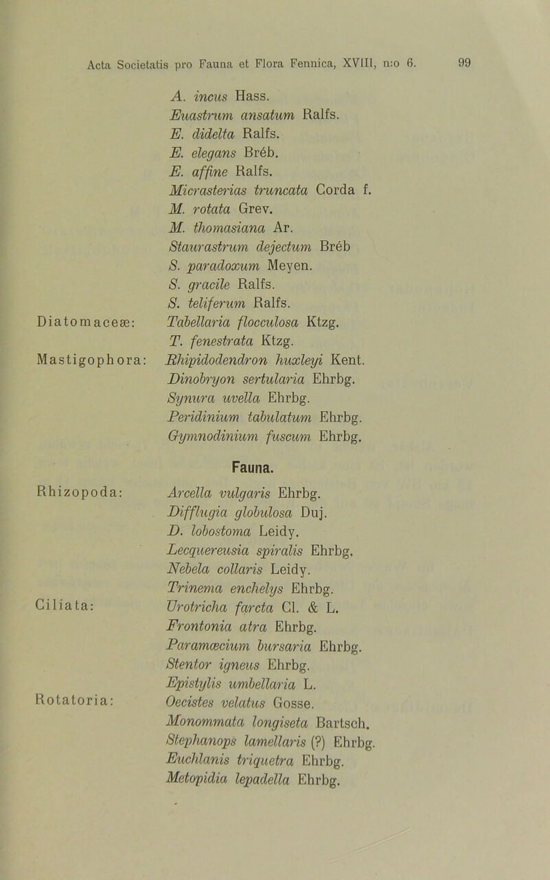 Diatomacese: Mastigophora: Rhizopoda: Cilia ta: Rotatoria: A. incus Hass. Eucistrum ansatum Ralfs. E. didelta Ralfs. E. elegans Breb. E. affine Ralfs. Micrasterias truncata Corda f. M. rotata Grev. M. thomasiana Ar. Staurastrum dejectum Breb S. paradoxum Meyen. S. gracile Ralfs. S. teliferum Ralfs. Tabellaria flocculosa Ktzg. T. fenestrata Ktzg. Rhipidodendron huxleyi Kent. Binobryon sertularia Ehrbg. Synura uvella Ehrbg. Peridinium tabulatum Ehrbg. Gymnodinium fuscum Ehrbg. Fauna. Arcella vulgaris Ehrbg. Bifflugia globulosa Duj. B. lobostoma Leidy. Lecquereusia spiralis Ehrbg. Nebela collaris Leidy. Trinema enchelys Ehrbg. Urotricha farcta Gl. & L. Frontonia atra Ehrbg. Paramcecium bursaria Ehrbg. Stentor igneus Ehrbg. Epistylis umbellaria L. Oecistes velatus Gosse. Monommata longiseta Bartsch. Stephanops lamellaris (?) Ehrbg. Euchlanis triquetra Ehrbg. Metopidia lepadella Ehrbg.