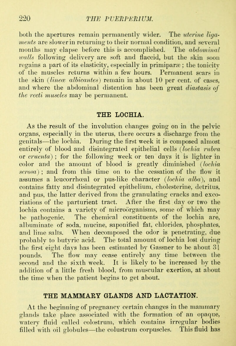 both the apertures remain permanently wider. The uterine liga- ments are slower in returning to their normal condition, and several months may elapse before this is accomplished. The abdominal walls following delivery are soft and flaccid, but the skin soon regains a part of its elasticity, especially in primiparce ; the tonicity of the muscles returns within a few hours. Permanent scars in the skin (linece albicantes) remain in about 10 per cent, of cases, and where the abdominal distention has been great diastasis of the recti muscles may be permanent. THE LOCHIA. As the result of the involution changes going on in the pelvic organs, especially in the uterus, there occurs a discharge from the genitals—the lochia. During the first week it is composed almost entirely of blood and disintegrated epithelial cells (lochia rubra or cruenta) ; for the following week or ten days it is lighter in color and the amount of blood is greatly diminished (lochia serosa) ; and from this time on to the cessation of the flow it assumes a leucorrhceal or pus-like character (lochia alba), and contains fatty and disintegrated epithelium, cholesterine, detritus, and pus, the latter derived from the granulating cracks and exco- riations of the parturient tract. After the first day or two the lochia contains a variety of microorganisms, some of which may be pathogenic. The chemical constituents of the lochia are, albuminate of soda, mucine, saponified fat, chlorides, phosphates, and lime salts. When decomposed the odor is penetrating, due probably to butyric acid. The total amount of lochia lost during the first eight days has been estimated by Gassner to be about 31 pounds. The flow may cease entirely any time between the second and the sixth week. It is likely to be increased by the addition of a little fresh blood, from muscular exertion, at about the time when the patient begins to get about. THE MAMMARY GLANDS AND LACTATION. At the beginning of pregnancy certain changes in the mammary glands take place associated with the formation of an opaque, watery fluid called colostrum, which contains irregular bodies filled with oil globules—the colustrum corpuscles. This fluid has