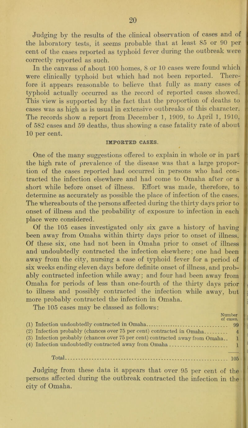 Judging by the results of the clinical observation of cases and of the laboratory tests, it seems probable that at least 85 or 90 per cent of the cases reported as typhoid fever during the outbreak were correctly reported as such. In the canvass of about 100 homes, 8 or 10 cases were found which were clinically typhoid but which had not been reported. There- fore it appears reasonable to believe that fully as many cases of typhoid actually occurred as the record of reported cases showed. | This view is supported by the fact that the proportion of deaths to cases was as high as is usual in extensive outbreaks of this character. The records show a report from December 1, 1909, to April 1, 1910, of 582 cases and 59 deaths, thus showing a case fatality rate of about 10 per cent. IMPORTED CASES. One of the many suggestions offered to explain in whole or in part the high rate of prevalence of the disease was that a large propor- tion of the cases reported had occurred in persons who had con- tracted the infection elsewhere and had come to Omaha after or a short while before onset of illness. Effort was made, therefore, to determine as accurately as possible the place of infection of the cases. The whereabouts of the persons affected during the thirty days prior to onset of illness and the probability of exposure to infection in each place were considered. Of the 105 cases investigated only six gave a history of having been away from Omaha within thirty days prior to onset of illness. Of these six, one had not been in Omaha prior to onset of illness and undoubtedly contracted the infection elsewhere; one had been away from the city, nursing a case of t}^phoid fever for a period of six weeks ending eleven days before definite onset of illness, and prob- ably contracted infection while away; and four had been away from Omaha for periods of less than one-fourth of the thirty days prior , to illness and possibly contracted the infection while away, but ; more probably contracted the infection in Omaha. The 105 cases may be classed as follows: Number , of cases. 1 (1) Infection undoubtedly contracted in Omaha 99 j (2) Infection probably (chances over 75 per cent) contracted in Omaha 4 (3) Infection probably (chances over 75 per cent) contracted away from Omaha.. 1 (4) Infection undoubtedly contracted away from Omaha 1 . . (I Total 105 I Judging from these data it appears that over 95 per cent of the persons affected during the outbreak contracted the infection in the city of Omaha.