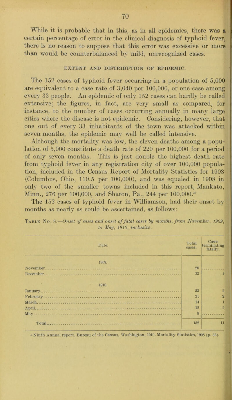 While it is probable that in this, as in all epidemics, there was a certain percentage of error in the clinical diagnosis of typhoid fever, there is no reason to suppose that this error was excessive or more than would be counterbalanced by mild, unrecognized cases. EXTENT AND DISTRIBUTION OF EPIDEMIC. The 152 cases of typhoid fever occurring in a population of 5,000 are equivalent to a case rate of 3,040 per 100,000, or one case among every 33 people. An epidemic of only 152 cases can hardly be called extensive; the figures, in fact, are very small as compared, for instance, to the number of cases occurring annually in many large cities where the disease is not epidemic. Considering, however, that one out of every 33 inhabitants of the town was attacked within seven months, the epidemic may well be called intensive. Although the mortality was low, the eleven deaths among a popu- lation of 5,000 constitute a death rate of 220 per 100,000 for a period of only seven months. This is just double the highest death rate from typhoid fever in any registration city of over 100,000 popula- tion, included in the Census Report of Mortality Statistics for 1908 (Columbus, Ohio, 110.5 per 100,000), and was equaled in 1908 in only two of the smaller towns included in this report, Mankato, Minn., 276 per 100,000, and Sharon, Pa., 244 per 100,000. The 152 cases of typhoid fever in Williamson, had their onset by months as nearly as could be ascertained, as follows: Table No. 8.—Onset of cases and onset of fatal cases by months, from. November, 1909, to May, 1910, inclusive. Dale Total Date’ cases. Cases terminating fatally. 1909. November 20 23 53 21 11 12 9 152 December 4 2 2 1 2 1910. January . February Total . 11 a Ninth Annual report, Bureau of the Census, Washington, 1910, Mortality Statistics, 1908 (p. 30).