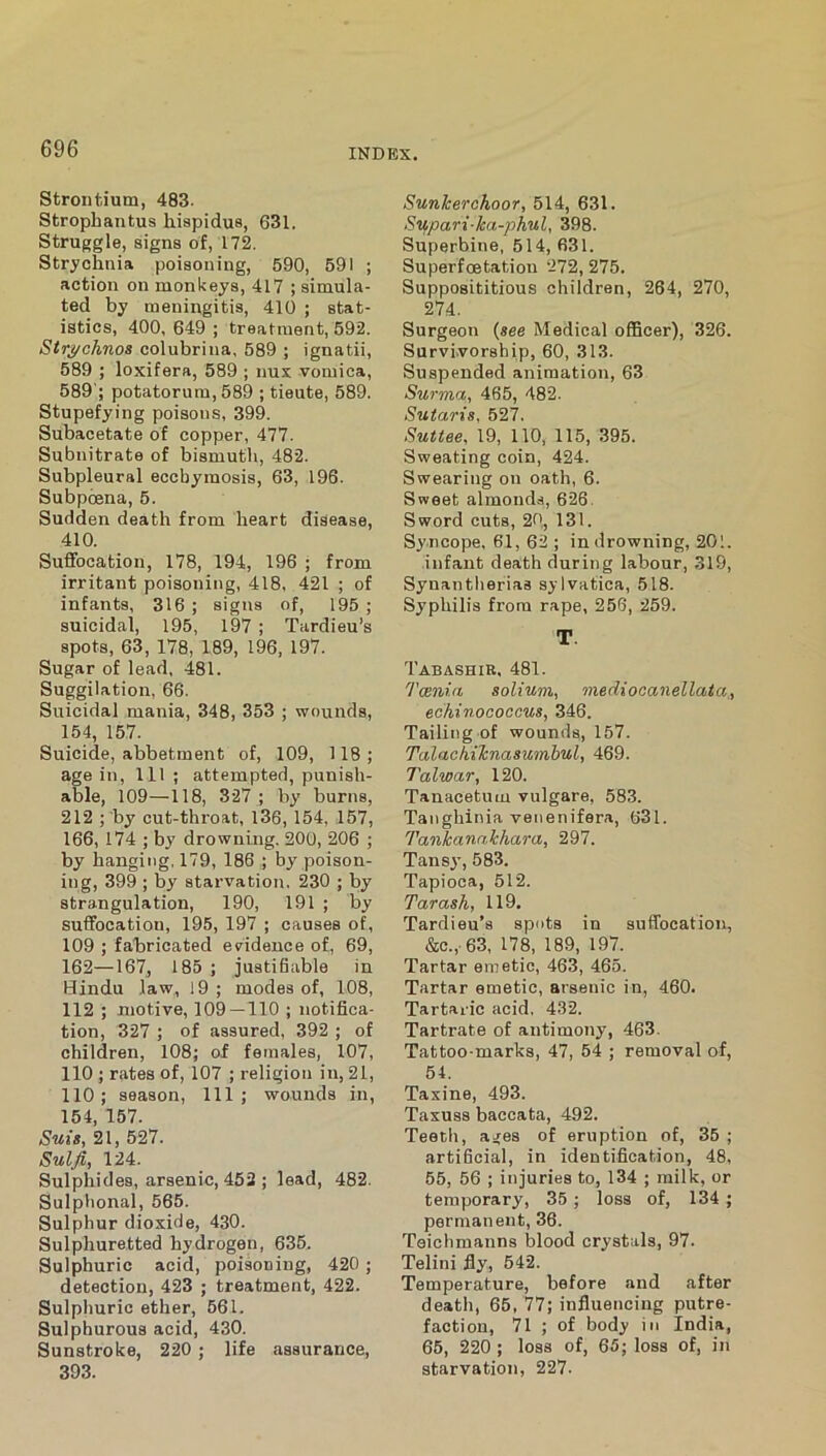 Strontium, 483. Strophantus hispidus, 631. Struggle, signs of, 172. Strychnia poisoning, 590, 591 ; action on monkeys, 417 ; simula- ted by meningitis, 410 ; stat- istics, 400, 649 ; treatment, 592. Strychnos colubrina, 589 ; ignatii, 589 ; loxifera, 589 ; imx vomica, 589'; potatorum, 589 ; tieute, 589. Stupefying poisons, 399. Subacetate of copper, 477. Subnitrate of bismuth, 482. Subpleural eccbymosis, 63, 196. Subpoena, 5. Sudden death from heart disease, 410. Suffocation, 178, 194, 196 • from irritant poisoning, 418, 421 ; of infants, 316 ; signs of, 195 ; suicidal, 195, 197 ; Tardieu’s spots, 63, 178, 189, 196, 197. Sugar of lead, 481. Suggilation, 66. Suicidal mania, 348, 353 ; wounds, 154, 157. Suicide, abbetment of, 109, 118; age in. 111 ; attempted, punish- able, 109—118, 327 ; by burns, 212 ; by cut-throat, 136, 154, 157, 166, 174 ; by drowning. 200, 206 ; by hanging, 179, 186 ; by poison- ing, 399 ; by starvation. 230 ; by strangulation, 190, 191 ; by suffocation, 195, 197 ; causes of, 109 ; fabricated evideuce of, 69, 162—167, 185 ; justidable in Bindu law, 19 ; modes of, 108, 112 ; motive, 109 — 110 ; notifica- tion, 327 ; of assured, 392 ; of children, 108; of females, 107, 110 ; rates of, 107 ; religion in, 21, 110 ; season. 111 ; wounds in, 154, 157. Suit, 21, 527. Sulfi, 124. Sulphides, arsenic, 452 ; lead, 482. Sulphonal, 565. Sulphur dioxide, 430. Sulphuretted hydrogen, 635. Sulphuric acid, poisoning, 420 ; detection, 423 ; treatment, 422. Sulphuric ether, 561. Sulphurous acid, 430. Sunstroke, 220 ; life assurance, 393. SunTcerohoor, 514, 631. Supari-ka-phul, 398. Superbine, 514, 631. Superfoetation ‘272, 275. Supposititious children, 264, 270, 274. Surgeon {see Medical oflBcer), 326. Survi.vorship, 60, 313. Suspended animation, 63 Surma, 465, 482. Sutaris. 52'7. Suttee, 19, 110, 115, 395. Sweating coin, 424. Swearing on oath, 6. Sweet almonds, 626. Sword cuts, 20, 131. Syncope. 61, 62 ; in drowning, 201. infant death during labour, 319, Synanthefias sylvatica, 518. Syphilis from rape, 256, 259. T Tab ASH IE, 481. Taenia solium, mediocanellata,, echinococcus, 346. Tailing of wounds, 157. Talachiknasumbul, 469. Taiwan, 120. Tanacetum vulgare, 583. Tanghinia venenifera, 631. Taiikanakhara, 297. Tansy, 583. Tapioca, 512. Tarash, 119. Tardieu’s spots in suffocation, &c.,-63, 178, 189, 197. Tartar emetic, 463, 465. Tartar emetic, arsenic in, 460. Tartaric acid, 432. Tartrate of antimony, 463. Tattoo-marks, 47, 54 ; removal of, 54. Taxine, 493. Taxuss baccata, 492. Teeth, ages of eruption of, 35 ; artificial, in identification, 48, 65, 66 ; injuries to, 134 ; milk, or temporary, 35; loss of, 134 ; permanent, 36. Teichmanns blood crystals, 97. Telini fly, 542. Temperature, before and after death, 66, 77; influencing putre- faction, 71 ; of body in India, 65, 220 ; loss of, 65; loss of, in starvation, 227.