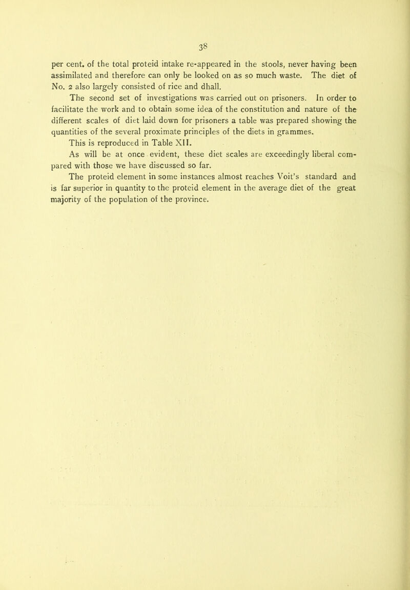 per cent, of the total proteid intake re-appeared in the stools, never having been assimilated and therefore can only be looked on as so much waste. The diet of No. 2 also largely consisted of rice and dhall. The second set of investigations was carried out on prisoners. In order to facilitate the work and to obtain some idea of the constitution and nature of the different scales of diet laid down for prisoners a table was prepared showing the quantities of the several proximate principles of the diets in grammes. This is reproduced in Table XII. As will be at once evident, these diet scales are exceedingly liberal com- pared with those we have discussed so far. The proteid element in some instances almost reaches Voit’s standard and is far superior in quantity to the proteid element in the average diet of the great majority of the population of the province.