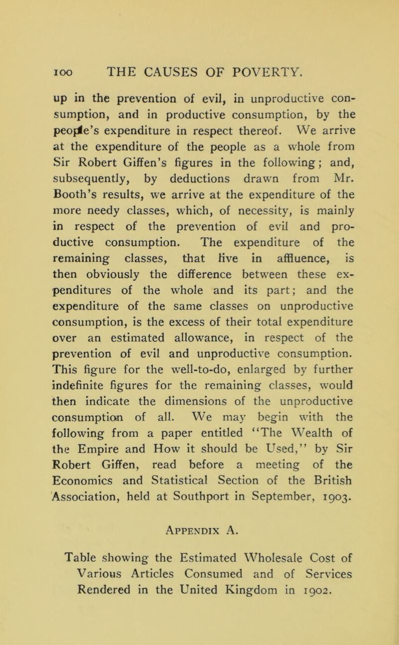 up in the prevention of evil, in unproductive con- sumption, and in productive consumption, by the people’s expenditure in respect thereof. We arrive at the expenditure of the people as a whole from Sir Robert Giffen’s figures in the following; and, subsequently, by deductions drawn from Mr. Booth’s results, we arrive at the expenditure of the more needy classes, which, of necessity, is mainly in respect of the prevention of evil and pro- ductive consumption. The expenditure of the remaining classes, that five in affluence, is then obviously the difference between these ex- penditures of the whole and its part; and the expenditure of the same classes on unproductive consumption, is the excess of their total expenditure over an estimated allowance, in respect of the prevention of evil and unproductive consumption. This figure for the well-to-do, enlarged by further indefinite figures for the remaining classes, would then Indicate the dimensions of the unproductive consumption of all. We may begin with the following from a paper entitled “The Wealth of the Empire and How it should be Used,’’ by Sir Robert Giffen, read before a meeting of the Economics and Statistical Section of the British Association, held at Southport in September, 1903. Appendix A. Table showing the Estimated Wholesale Cost of Various Articles Consumed and of Services Rendered in the United Kingdom in 1902.