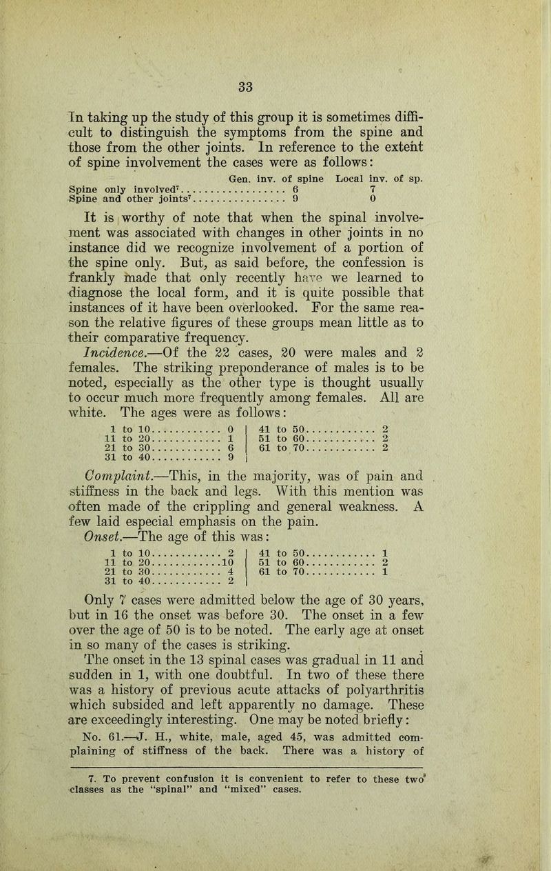 In taking up the study of this group it is sometimes diffi- cult to distinguish the symptoms from the spine and those from the other joints. In reference to the extent of spine involvement the cases were as follows: Gen. inv. of spine Local inv. of sp. Spine only involved^ 6 7 Spine and other joints'^ 9 0 It is worthy of note that when the spinal involve- ment was associated with changes in other joints in no instance did we recognize involvement of a portion of the spine only. But, as said before, the confession is frankly made that only recently have we learned to diagnose the local form, and it is quite possible that instances of it have been overlooked. For the same rea- son the relative figures of these groups mean little as to their comparative frequency. Incidence.—Of the 22 cases, 20 were males and 2 females. The striking preponderance of males is to be noted, especially as the other type is thought usually to occur much more frequently among females. All are white. The ages were as follows: 1 to 10 0 11 to 20 1 21 to 30 6 31 to 40 9 41 to 50 2 51 to 60 2 61 to 70 2 Complaint.—This, in the majority, was of pain and stiffness in the back and legs. With this mention was often made of the crippling and general weakness. A few laid especial emphasis on the pain. Onset.—The age of this was: 1 to 10 2 11 to 20 10 21 to 30 4 31 to 40 2 41 to 50 1 51 to 60 2 61 to 70 1 Only 7 cases were admitted below the age of 30 years, but in 16 the onset was before 30. The onset in a few over the age of 50 is to be noted. The early age at onset in so many of the cases is striking. The onset in the 13 spinal cases was gradual in 11 and sudden in 1, with one doubtful. In two of these there was a history of previous acute attacks of polyarthritis which subsided and left apparently no damage. These are exceedingly interesting. One may be noted briefly: No. 61.—J. H., white, male, aged 45, was admitted com- plaining of stiffness of the back. There was a history of 7. To prevent confusion it is convenient to refer to these two* classes as the “spinal” and “mixed” cases.
