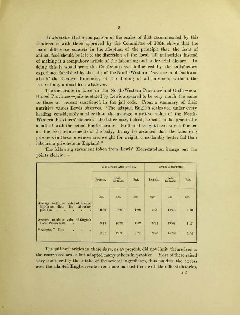 Lewis states that a comparison of the scales of diet recommended by this Conference with those approved by the Committee of 1861, shows that the main difference consists in the adoption of the principle that the issue of animal food should be left to the discretion of the local jail authorities instead of making it a compulsory article of the labouring and under-trial dietary. In doing this it would seen the Conference was influenced by the satisfactory experience furnished by the jails of the North-Western Provinces and Oudh and also of the Central Provinces, of the dieting of all prisoners without the issue of any animal food whatever. The diet scales in force in the North-Western Provinces and Oudh—now United Provinces—jails as stated by Lewis appeared to be very much the same as those at present sanctioned in the jail code. From a summary of their nutritive values Lewis observes, “ The adapted English scales are, under every heading, considerably smaller than the average nutritive value of the North- Western Provinces’ dietaries : the latter may, indeed, be said to he practically identical with the actual English scales. So that if weight have any influence on the food requirements of the body, it may he assumed that the labouring prisoners in these provinces are, weight for weight, considerably better fed than labouring prisoners in England.” The following statement taken from Lewis’ Memorandum brings out the points clearly : — 3 MONTHS AND UNDER. Over 3 months. Protein. Carbo- hydrate. Pat. Protein. Carbo- hydrate. Pat. ozs. OZS. ozs. ozs. OZS. OZS. Average nutritive value of United Provinces diets for labouring prisoners ..... 266 16-83 1-08 3-98 19-56 1-16 Average nutritive value of English Local Prison scale 3-13 16-22 1-02 3*91 19*67 1-37 “ Adapted ” ditto 2-37 12-30 0-77 2-96 14-92 1-04 The jail authorities in those days, as at present, did not limit themselves to the recognised scales but adopted many others in practice. Most of these raised very considerably the intake of the several ingredients, thus making the excess over the adapted English scale even more marked than with the official dietaries. b 2