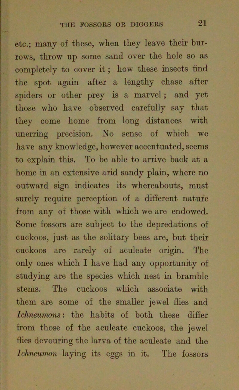 etc.; many of these, when they leave their bur- rows, throw up some sand over the hole so as completely to cover it; how these insects find the spot again after a lengthy chase after spiders or other prey is a marvel; and yet those who have observed carefully say that they come home from long distances with unerring precision. No sense of which we have any knowledge, however accentuated, seems to explain this. To be able to arrive back at a home in an extensive arid sandy plain, where no outward sign indicates its whereabouts, must surely require perception of a different nature from any of those with which we are endowed. Some fossors are subject to the depredations of cuckoos, just as the solitary bees are, but their cuckoos are rarely of aculeate origin. The only ones which I have had any opportunity of studying are the species which nest in bramble stems. The cuckoos which associate with them are some of the smaller jewel flies and Ichneumons: the habits of both these differ from those of the aculeate cuckoos, the jewel flies devouring the larva of the aculeate and the Ichneumon laying its eggs in it. The fossors