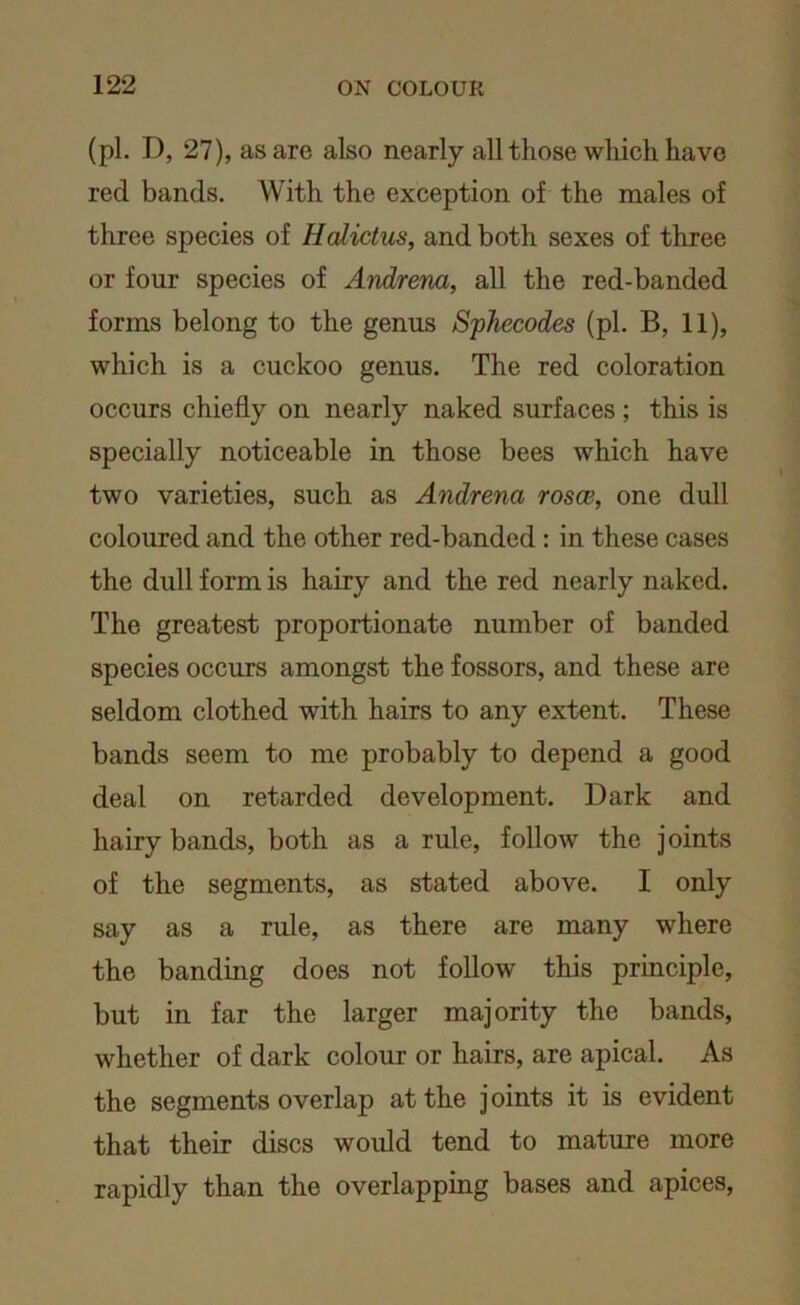 (pi. D, 27), as are also nearly all those which have red bands. With the exception of the males of three species of Hcdictus, and both sexes of three or four species of Andrena, all the red-banded forms belong to the genus Sphecodes (pi. B, 11), which is a cuckoo genus. The red coloration occurs chiefly on nearly naked surfaces ; this is specially noticeable in those bees which have two varieties, such as Andrena rosce, one dull coloured and the other red-banded : in these cases the dull form is hairy and the red nearly naked. The greatest proportionate number of banded species occurs amongst the fossors, and these are seldom clothed with hairs to any extent. These bands seem to me probably to depend a good deal on retarded development. Dark and hairy bands, both as a rule, follow the joints of the segments, as stated above. I only say as a rule, as there are many where the banding does not follow this principle, but in far the larger majority the bands, whether of dark colour or hairs, are apical. As the segments overlap at the j oints it is evident that their discs would tend to mature more rapidly than the overlapping bases and apices,