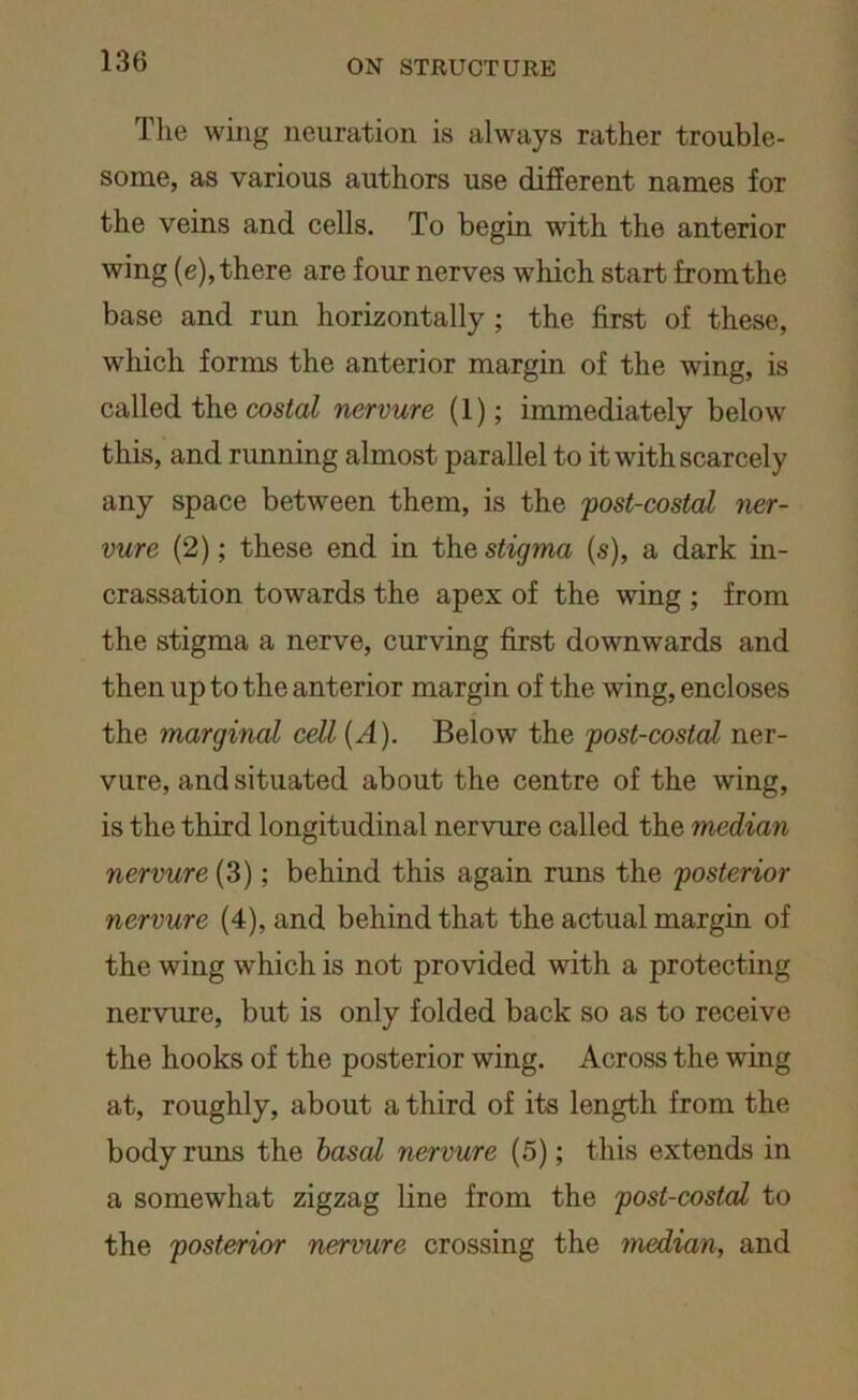 The wing neuration is always rather trouble- some, as various authors use different names for the veins and cells. To begin with the anterior wing (e), there are four nerves which start from the base and run horizontally ; the first of these, which forms the anterior margin of the wing, is called the costal nervure (1); immediately below this, and running almost parallel to it with scarcely any space between them, is the post-costal ner- vure (2); these end in the stigma (s), a dark in- crassation towards the apex of the wing ; from the stigma a nerve, curving first downwards and then up to the anterior margin of the wing, encloses the marginal cell (A). Below the post-costcd ner- vure, and situated about the centre of the wing, is the third longitudinal nervure called the median nervure (3); behind this again runs the posterior nervure (4), and behind that the actual margin of the wing which is not provided with a protecting nervure, but is only folded back so as to receive the hooks of the posterior wing. Across the wing at, roughly, about a third of its length from the body runs the basal nervure (5); this extends in a somewhat zigzag line from the post-costal to the posterior nervure crossing the median, and