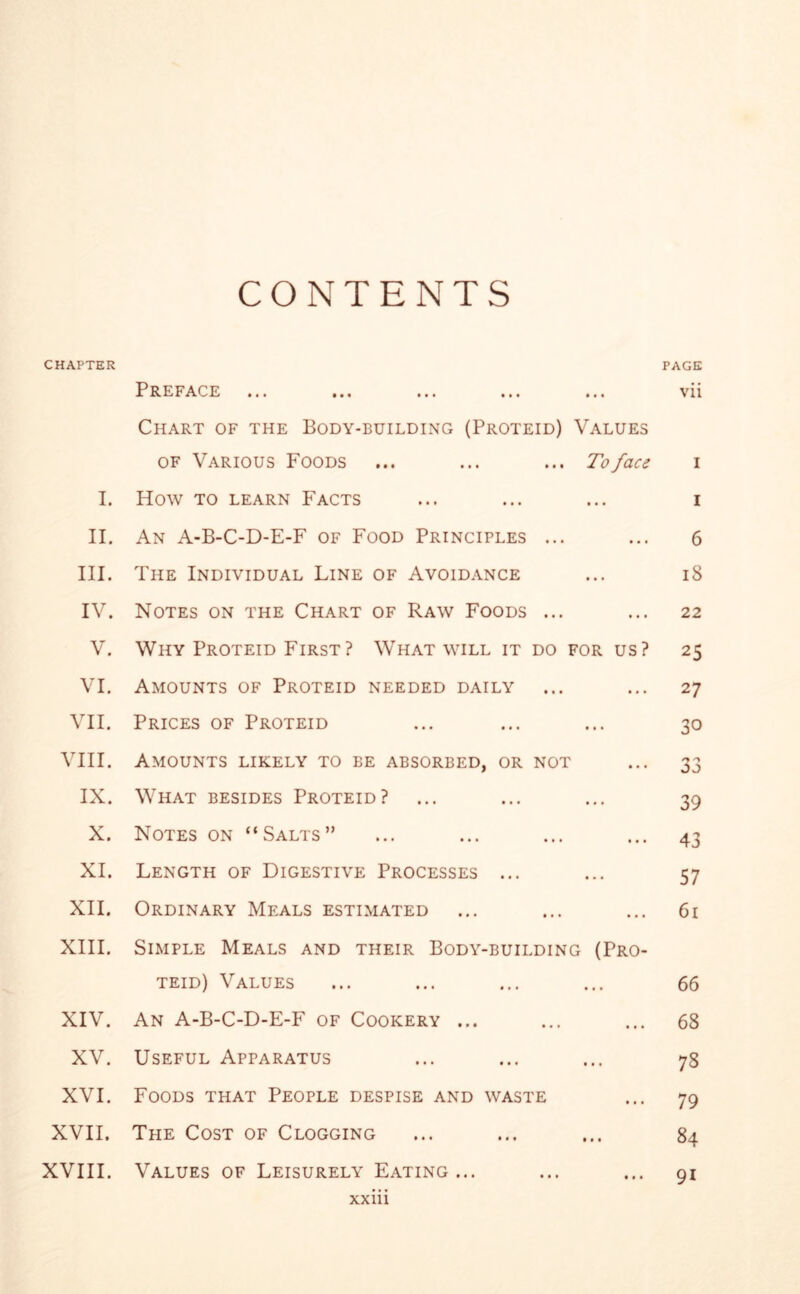 CONTENTS CHAPTER PAGE Preface ... • • • vii Chart of the Body-building (Proteid) Values of Various Foods ... To face I I. How to learn Facts ... I II. An A-B-C-D-E-F of Food Principles ... ... 6 III. The Individual Line of Avoidance ... 18 IV. Notes on the Chart of Raw Foods ... 22 V. Why Proteid First? What will it DO FOR US? 25 VI. Amounts of Proteid needed daily • • • • • • 27 VII. Prices of Proteid • • • 30 VIII. Amounts likely to be absorbed, or NOT 33 IX. What besides Proteid? ... 39 X. Notes on “Salts” • • • • • • 43 XI. Length of Digestive Processes ... • ■ • 57 XII. Ordinary Meals estimated • • • • • • 61 XIII. Simple Meals and their Body-building (Pro- teid) Values ... 66 XIV. An A-B-C-D-E-F of Cookery ... • « • • • • 68 XV. Useful Apparatus • • • 73 XVI. Foods that People despise and waste 79 XVII. The Cost of Clogging • • • 84 XVIII. Values of Leisurely Eating ... • • • • • • 9i XXUl