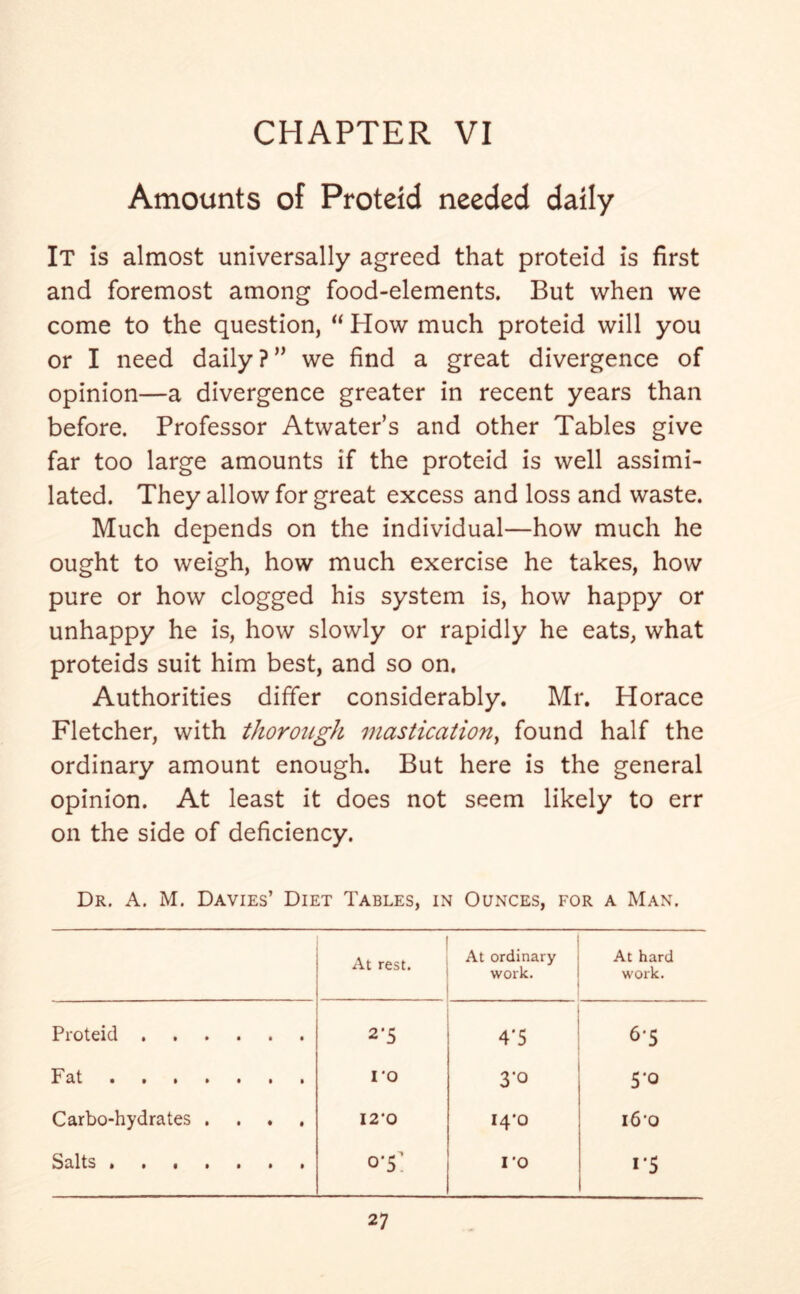 Amounts of Proteid needed daily It is almost universally agreed that proteid is first and foremost among food-elements. But when we come to the question, “ How much proteid will you or I need daily?” we find a great divergence of opinion—a divergence greater in recent years than before. Professor Atwater’s and other Tables give far too large amounts if the proteid is well assimi- lated. They allow for great excess and loss and waste. Much depends on the individual—how much he ought to weigh, how much exercise he takes, how pure or how clogged his system is, how happy or unhappy he is, how slowly or rapidly he eats, what proteids suit him best, and so on. Authorities differ considerably. Mr. Horace Fletcher, with thorough mastication, found half the ordinary amount enough. But here is the general opinion. At least it does not seem likely to err on the side of deficiency. Dr. A. M. Davies’ Diet Tables, in Ounces, for a Man. At rest. At ordinary work. At hard work. Proteid 2*5 4*5 65 Fat ro 3'° 5’° Carbo-hydrates .... 12-0 i4'o 160 Salts 0*5: ro 1 *5