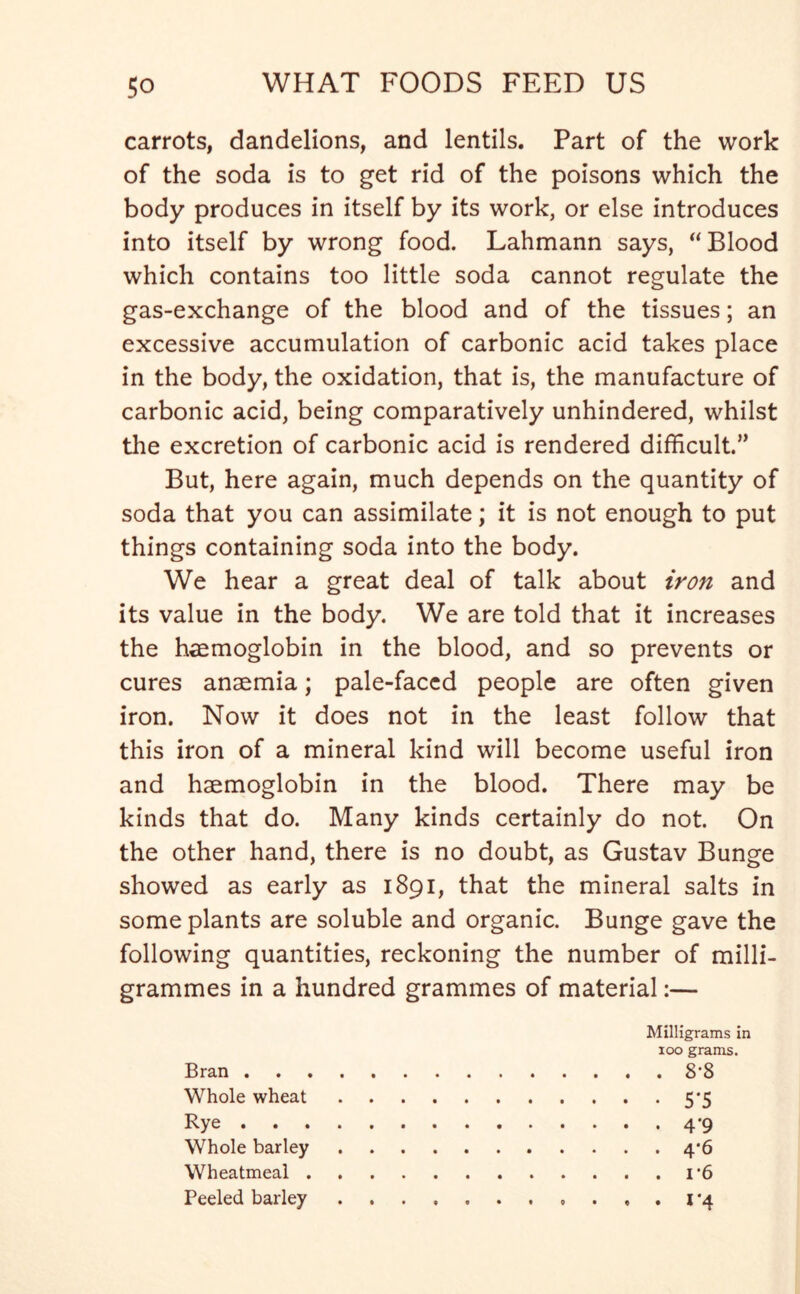 carrots, dandelions, and lentils. Part of the work of the soda is to get rid of the poisons which the body produces in itself by its work, or else introduces into itself by wrong food. Lahmann says, “ Blood which contains too little soda cannot regulate the gas-exchange of the blood and of the tissues; an excessive accumulation of carbonic acid takes place in the body, the oxidation, that is, the manufacture of carbonic acid, being comparatively unhindered, whilst the excretion of carbonic acid is rendered difficult.” But, here again, much depends on the quantity of soda that you can assimilate; it is not enough to put things containing soda into the body. We hear a great deal of talk about iron and its value in the body. We are told that it increases the haemoglobin in the blood, and so prevents or cures anaemia; pale-faced people are often given iron. Now it does not in the least follow that this iron of a mineral kind will become useful iron and haemoglobin in the blood. There may be kinds that do. Many kinds certainly do not. On the other hand, there is no doubt, as Gustav Bunge showed as early as 1891, that the mineral salts in some plants are soluble and organic. Bunge gave the following quantities, reckoning the number of milli- grammes in a hundred grammes of material:— Milligrams in 100 grams. Bran 8'8 Whole wheat 5‘5 Rye 4 *9 Whole barley 4*6 Wheatmeal i’6 Peeled barley , ... 1*4