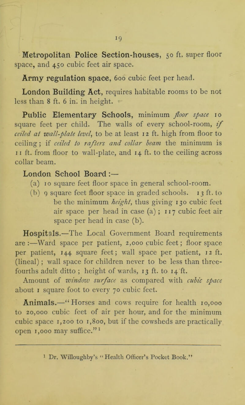 Metropolitan Police Section-houses, 50 ft. super floor space, and 450 cubic feet air space. Army regulation space, 600 cubic feet per head. London Building Act, requires habitable rooms to be not less than 8 ft. 6 in, in height. Public Elementary Schools, minimum floor space 10 square feet per child. The walls of every school-room, if ceiled at wall-plate level, to be at least 12 ft. high from floor to ceiling; if ceiled to rafters a)id collar beam the minimum is II ft. from floor to wall-plate, and 14 ft. to the ceiling across collar beam, London School Board :— (a) 10 square feet floor space in general school-room. (b) 9 square feet floor space in graded schools. 13 ft. to be the minimum height, thus giving 130 cubic feet air space per head in case (a) ; 117 cubic feet air space per head in case (b). Hospitals.—The Local Government Board requirements are :—Ward space per patient, 2,000 cubic feet; floor space per patient, 144 square feet; wall space per patient, 12 ft. (lineal); wall space for children never to be less than three- fourths adult ditto ; height of wards, 13 ft. to 14 ft. Amount of ivmdoiv surface as compared with cubic space about I square foot to every 70 cubic feet. Animals.—“Horses and cows require for health 10,000 to 20,000 cubic feet of air per hour, and for the minimum cubic space 1,200 to 1,800, but if the cowsheds are practically open 1,000 may suffice.”^ * Dr. Willoughby’s “Health Officer’s Pocket Book.”