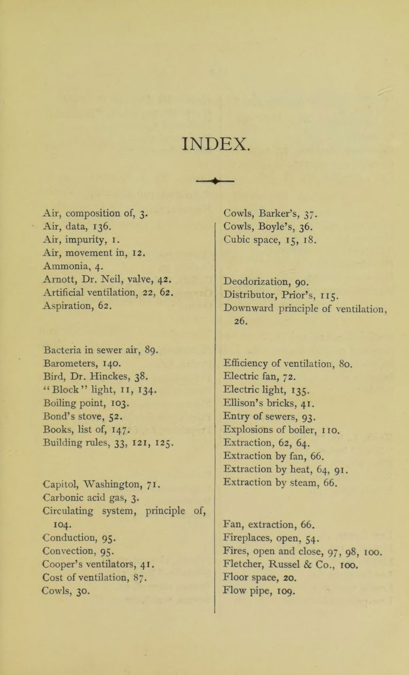 INDEX. Air, composition of, 3. Air, data, 136. Air, impurity, i. Air, movement in, 12. Ammonia, 4. Arnott, Dr. NeU, valve, 42. Artificial ventilation, 22, 62. Aspiration, 62, Bacteria in sewer air, 89. Barometers, 140. Bird, Dr. Hinckes, 38. “Block” light, II, 134. Boiling point, 103. Bond’s stove, 52. Books, list of, 147. Building rules, 33, 121, 125. Capitol, AVashington, 71. Carbonic acid gas, 3. Circulating system, principle of, 104. Conduction, 95. Convection, 95. Cooper’s ventilators, 41. Cost of ventilation, 87. Cowls, 30. Cowls, Barker’s, 37. Cowls, Boyle’s, 36. Cubic space, 15, 18. Deodorization, 90. Distributor, Prior’s, 115. Downward principle of ventilation, 26. Efficiency of ventilation, 80. Electric fan, 72. Electric light, 135. Ellison’s bricks, 41. Entry of sewers, 93. Explosions of boiler, 110. Extraction, 62, 64. Extraction by fan, 66. Extraction by heat, 64, 91. Extraction by steam, 66. Fan, extraction, 66. Fireplaces, open, 54. Fires, open and close, 97, 98, 100. Fletcher, Russel & Co., 100. Floor space, 20. Flow pipe, 109.