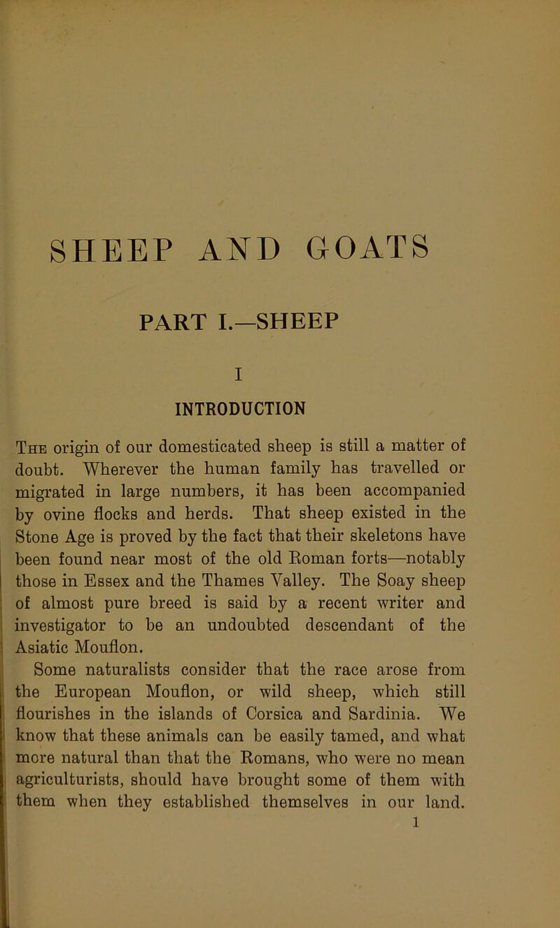 SHEEP AND GOATS PART L—SHEEP I INTRODUCTION The origin of our domesticated sheep is still a matter of doubt. Wherever the human family has travelled or migrated in large numbers, it has been accompanied by ovine flocks and herds. That sheep existed in the Stone Age is proved by the fact that their skeletons have been found near most of the old Eoman forts—notably those in Essex and the Thames Valley. The Soay sheep of almost pure breed is said by a recent writer and j investigator to be an undoubted descendant of the i Asiatic Mouflon. ■ Some naturalists consider that the race arose from ! the European Mouflon, or wild sheep, which still i flourishes in the islands of Corsica and Sardinia. We I know that these animals can be easily tamed, and what i more natural than that the Romans, who were no mean . agriculturists, should have brought some of them with : them when they established themselves in our land. 1