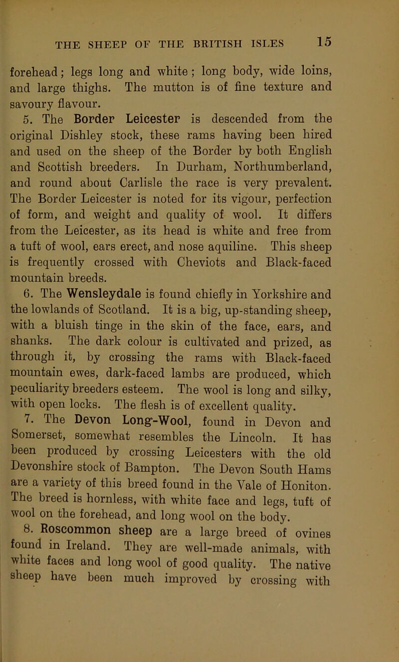 forehead; legs long and white; long body, wide loins, and large thighs. The mutton is of fine texture and savoury flavour. 5. The Border Leicester is descended from the original Dishley stock, these rams having been hired and used on the sheep of the Border by both English and Scottish breeders. In Durham, Northumberland, and round about Carlisle the race is very prevalent. The Border Leicester is noted for its vigour, perfection of form, and weight and quality of wool. It differs from the Leicester, as its head is white and free from a tuft of wool, ears erect, and nose aquiline. This sheep is frequently crossed with Cheviots and Black-faced mountain breeds. 6. The Wensleydale is found chiefly in Yorkshire and the lowlands of Scotland. It is a big, up-standing sheep, with a bluish tinge in the skin of the face, ears, and shanks. The dark colour is cultivated and prized, as through it, by crossing the rams with Black-faced mountain ewes, dark-faced lambs are produced, which peculiarity breeders esteem. The wool is long and silky, with open locks. The flesh is of excellent quality. 7. The Devon Long’-Wool, found in Devon and Somerset, somewhat resembles the Lincoln. It has been produced by crossing Leicesters with the old Devonshire stock of Bampton. The Devon South Hams are a variety of this breed found in the Vale of Honiton. The breed is hornless, with white face and legs, tuft of wool on the forehead, and long wool on the body. 8. Roscommon sheep are a large breed of ovines found in Ireland. They are well-made animals, with white faces and long wool of good quality. The native sheep have been much improved by crossing with