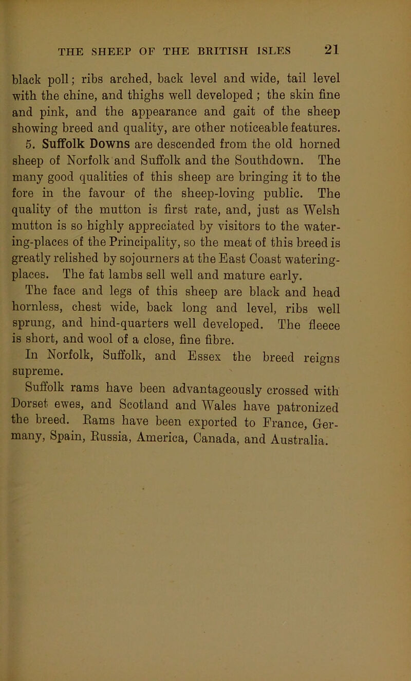 black poll; ribs arched, back level and wide, tail level with the chine, and thighs well developed ; the skin fine and pink, and the appearance and gait of the sheep showing breed and quality, are other noticeable features. 5. Suffolk Downs are descended from the old horned sheep of Norfolk and Suffolk and the Southdown. The many good qualities of this sheep are bringing it to the fore in the favour of the sheep-loving public. The quality of the mutton is first rate, and, just as Welsh mutton is so highly appreciated by visitors to the water- ing-places of the Principality, so the meat of this breed is greatly relished by sojourners at the East Coast watering- places. The fat lambs sell well and mature early. The face and legs of this sheep are black and head hornless, chest wide, back long and level, ribs well sprung, and hind-quarters well developed. The fleece is short, and wool of a close, fine fibre. In Norfolk, Suffolk, and Essex the breed reigns supreme. Suffolk rams have been advantageously crossed with Dorset ewes, and Scotland and Wales have patronized the breed. Earns have been exported to France, Ger- many, Spain, Kussia, America, Canada, and Australia.